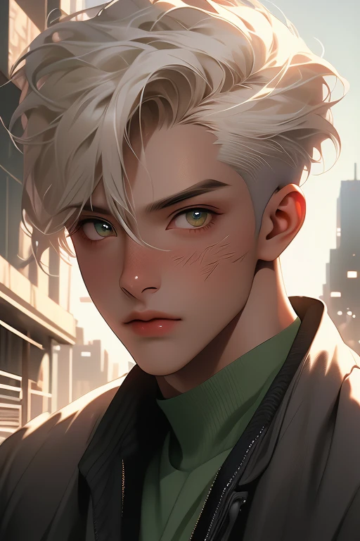 {{top-quality,​masterpiece,8k wallpaper}},top-quality,Ultra-detailed CG Unity,Particle,Cinematographic lighting,lensflare,((1 teenager)),a handsome,youthfulness,a 20-year-old boy,slender,Looking at the camera,low angles,Condescending look,Mocking face,offensive,.close up of face,{{Sunburned skin,Brown skin,Brown-skinned,Arab}},sharp gaze,Delicate eyes,Green eyes,Eyes glow,cyberpunked,cyberpunkcity,Street,platinum-blonde-hair,short-haired,hair messy,dark boy.