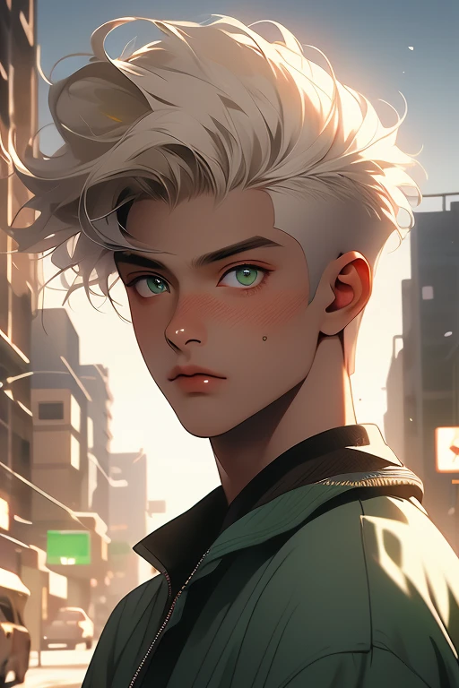 {{top-quality,​masterpiece,8k wallpaper}},top-quality,Ultra-detailed CG Unity,Particle,Cinematographic lighting,lensflare,((1 teenager)),a handsome,youthfulness,a 20-year-old boy,slender,Looking at the camera,low angles,Condescending look,Mocking face,offensive,.close up of face,{{Sunburned skin,Brown skin,Brown-skinned,Arab}},sharp gaze,Delicate eyes,Green eyes,Eyes glow,cyberpunked,cyberpunkcity,Street,platinum-blonde-hair,short-haired,hair messy,dark boy.