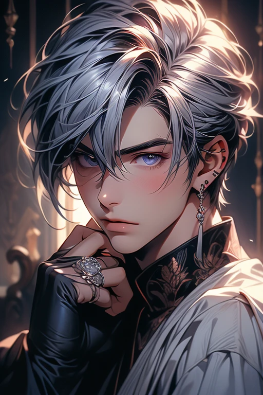 realistic, masterpiece, best quality, hand_on_own_cheek, looking at viewer, close up, face focus, (perfect five fingers 1.1), Young man, male, man, 1boy, tall guy, black clothes, Appearance: pale purple hair, blunt bangs, hair over left eye, short bob cut, straight hair, light blue eyes, cute boy, evil grin, blue tongue, yandere, yandereize, blush, lots of wounds, lots of bandages on body, black nails, stud earrings, lots of piercings, rings, handsome guys in demon killer art, expressionless, highly detailed fine art, (finely detailed beautiful eyes and detailed face), dusty floors, bedroom, eerie atmosphere, Enveloped in Shadows, high precision, high definition, delicate depiction of facial features, detailed metal jewelry, dramatic composition, cinematic lighting, dynamic angle