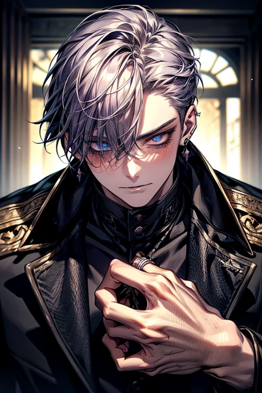 realistic, masterpiece, best quality, hand_on_own_cheek, looking at viewer, close up, face focus, (perfect five fingers 1.1), Young man, male, man, 1boy, tall guy, black clothes, Appearance: pale purple hair, blunt bangs, hair over left eye, short bob cut, straight hair, light blue eyes, cute boy, evil grin, blue tongue, yandere, yandereize, blush, lots of wounds, lots of bandages on body, black nails, stud earrings, lots of piercings, rings, handsome guys in demon killer art, expressionless, highly detailed fine art, (finely detailed beautiful eyes and detailed face), dusty floors, bedroom, eerie atmosphere, Enveloped in Shadows, high precision, high definition, delicate depiction of facial features, detailed metal jewelry, dramatic composition, cinematic lighting, dynamic angle