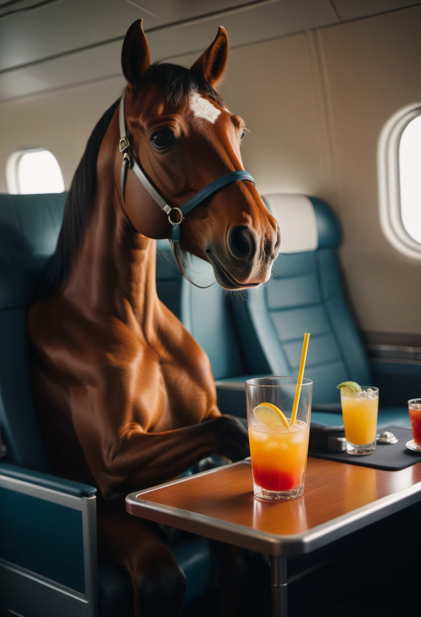 cinematic film still humanoid horse sitting in an airplane and drinking a cocktail, . shallow depth of field, vignette, highly detailed, high budget, bokeh, cinemascope, moody, epic, gorgeous, film grain, grainy