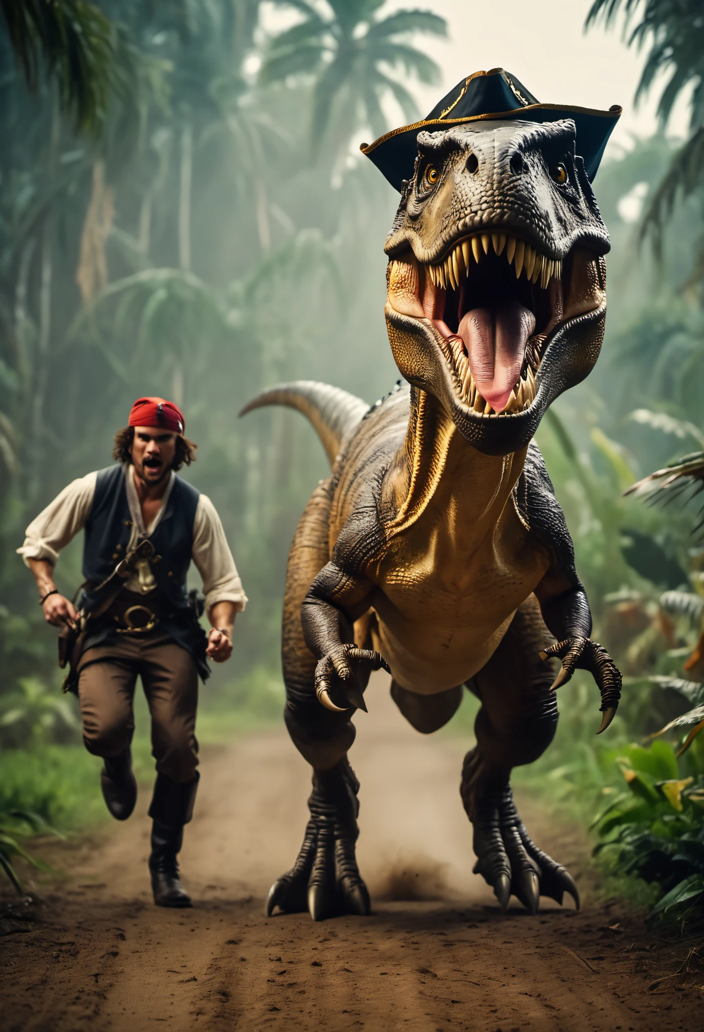 cinematic film still man getting chased by a t-rex,the t-rex wears a pirate hat and hook,frontal, . shallow depth of field, vignette, highly detailed, high budget, bokeh, cinemascope, moody, epic, gorgeous, film grain, grainy