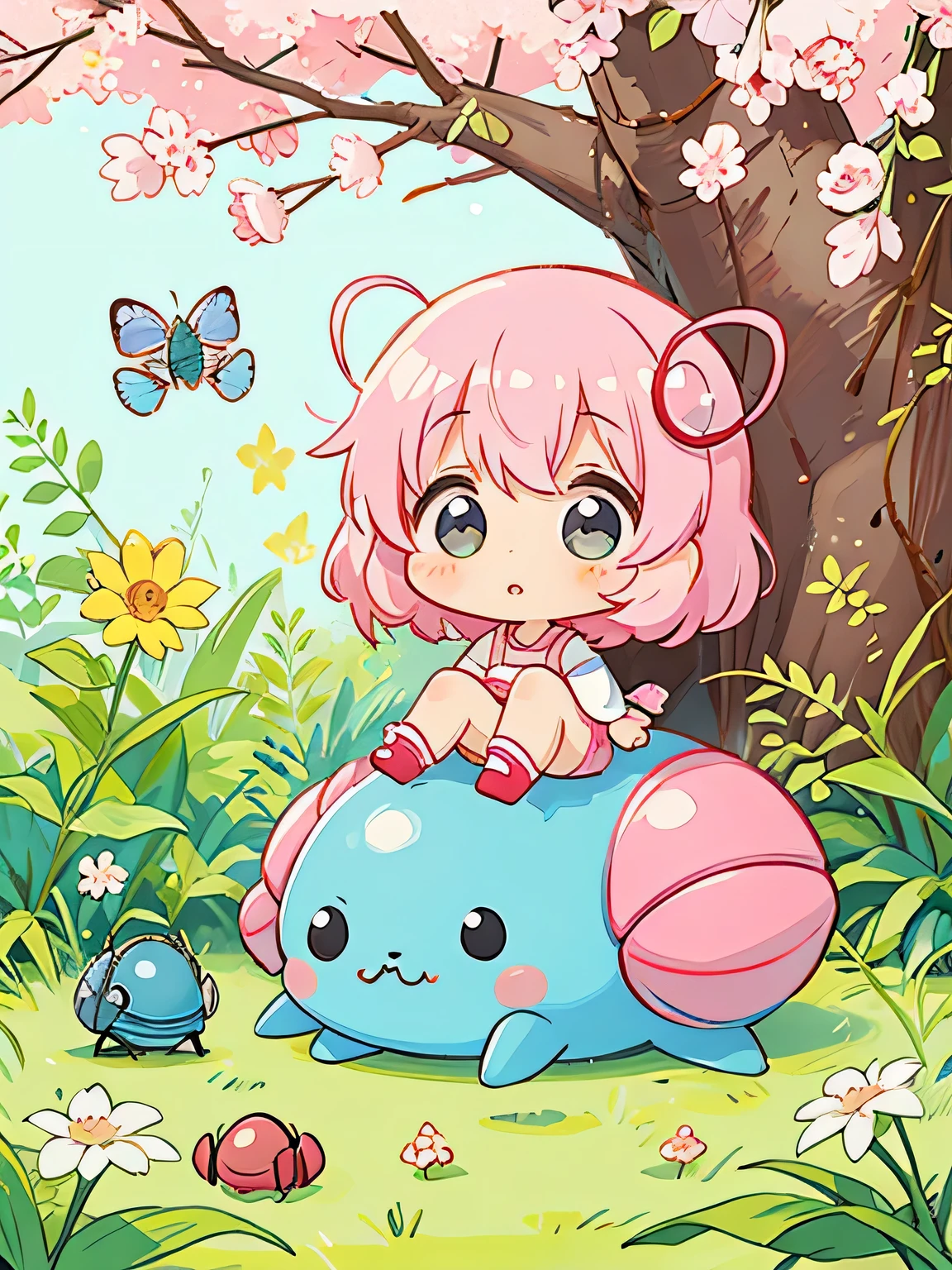 Momoko Sakura style, Kawaii Design, Chibi, beautiful spring afternoon、Lots of friendy friend is a pillbug、lovely colorful pillbug