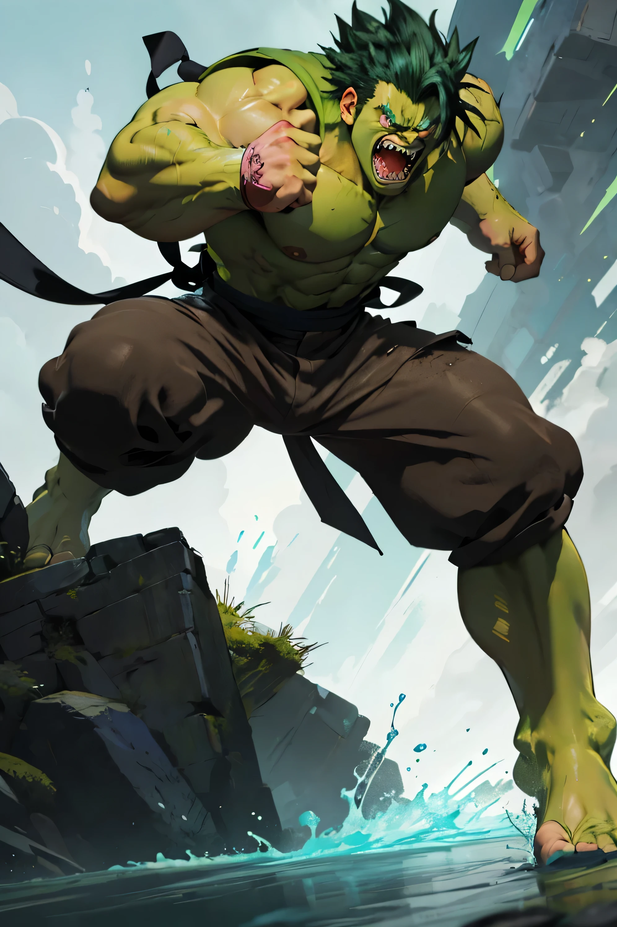 Dbz broly merge with hulk beast ultra ego mix, fighting poses, green eyes, angry(hulk), angry face, sharp teeth standing on, releasing green and blue aura