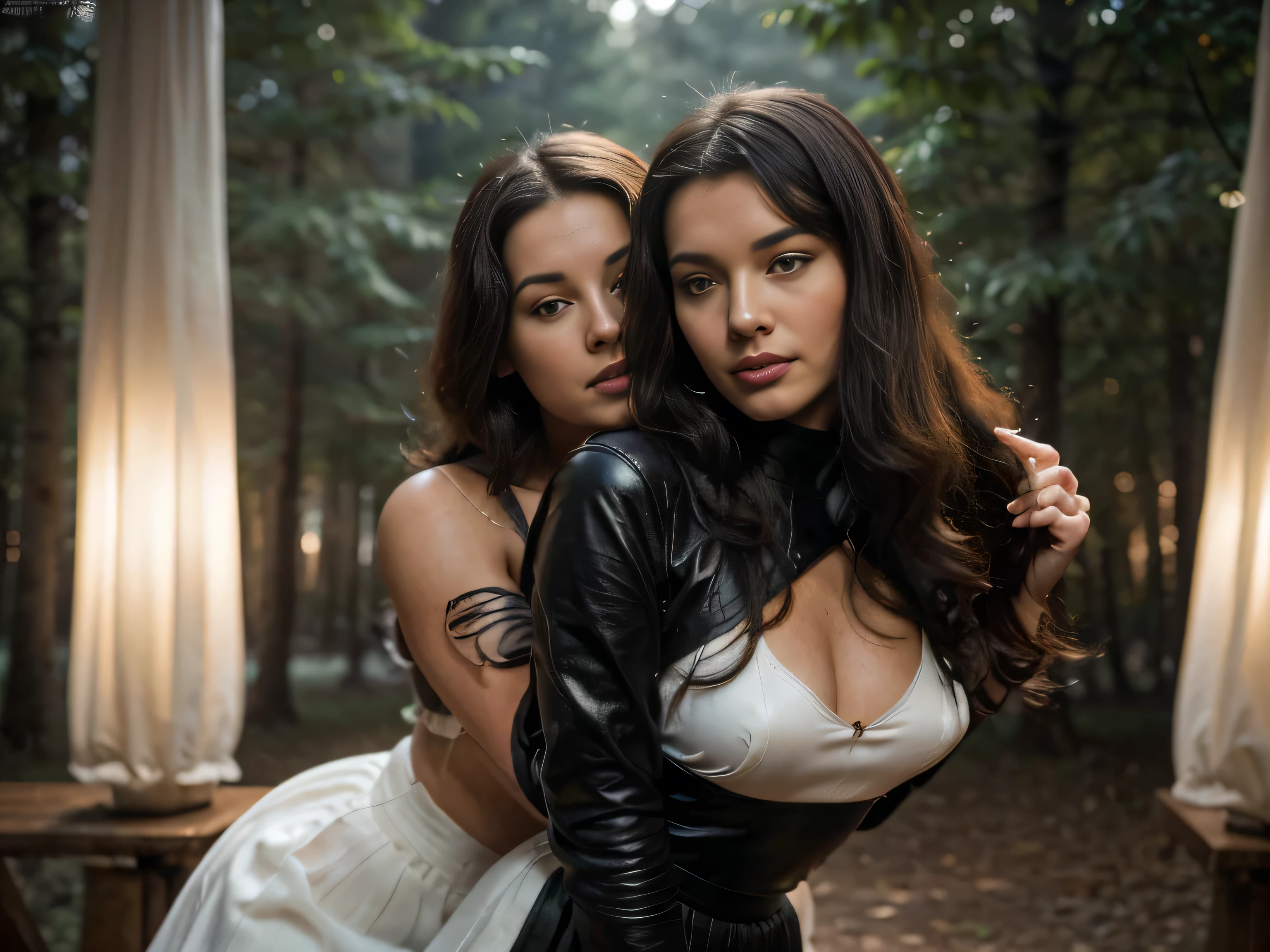 masterpiece photo, ((retro vintage)), photography, ((1940s vibe)), year 1930, 40 years old Bettie page kissing a black woman, (( grabbing her hair strongly from behind, kind of a fight)), vintage white sleeveless dress, (( leather white gloves)), long sleeves, wavy hair, black long maxi-skirt(black long maxi-skirt:1.2),hd, color image, short hair, winter, brunette, smile,at night in a forest,, ultra realistic, art conceptuel, elegant, Very detailed, complexe, sharp Focus, depth oF Field, F/1. 8, 85mm, (((proFessionally color graded))), bright soFt diFFused light, (volumetric Fog), tendance sur Instagram, hdr 4k, 8K