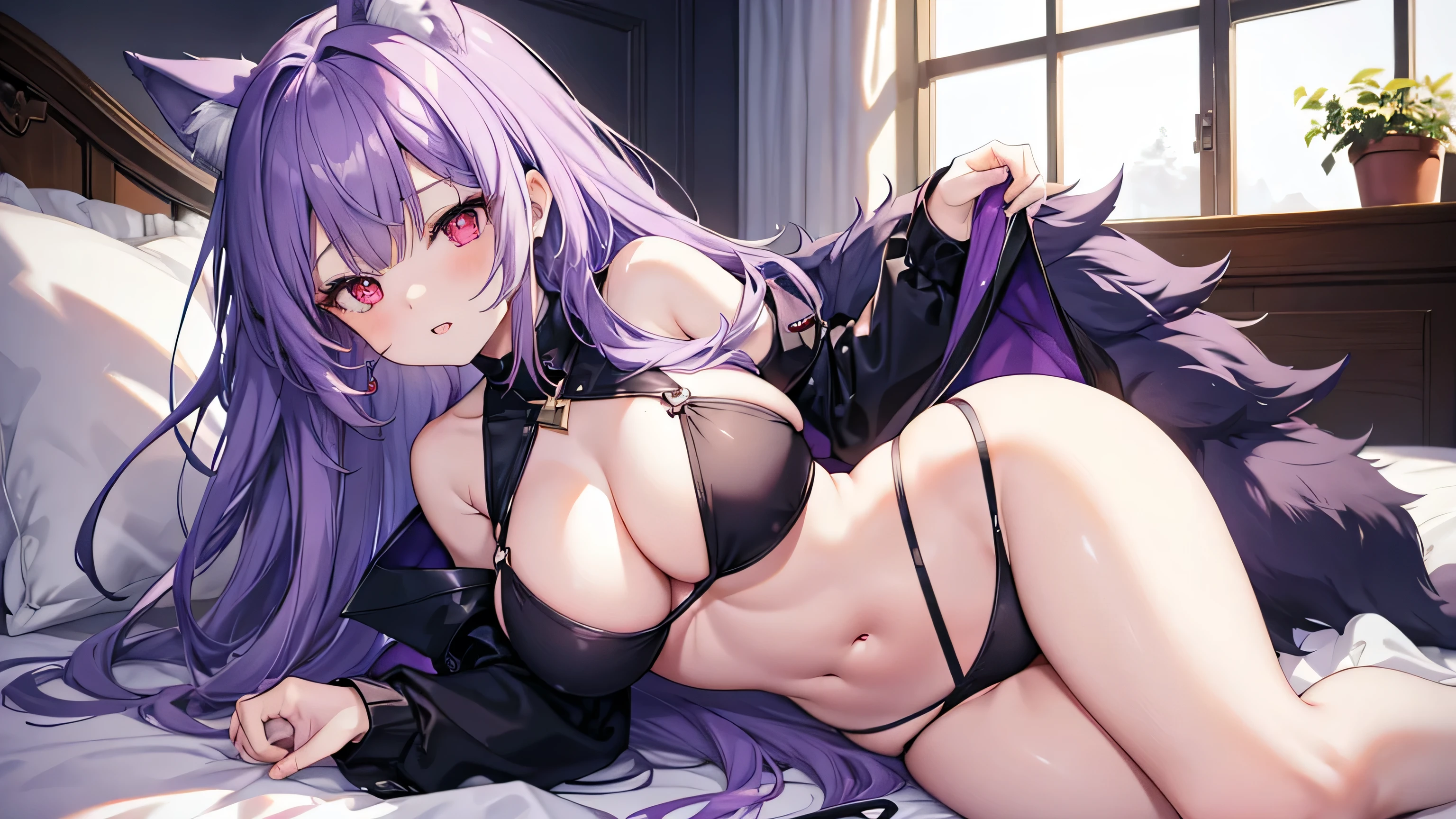Wolf Girl, Large Breasts, voluminous purple hair, masterpiece , Red eyes, hd, Head to Chest, buried in my chest、Underboobs、Double teeth,, On the bed、Thick thighs、baby doll