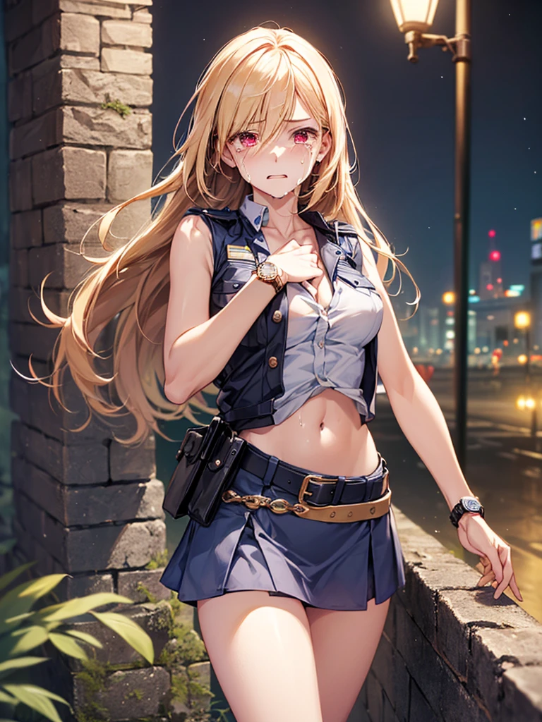 ((((one person)))),(((Perfect Anatomy, Very detailedな肌))), (((1 girl))), Japanese, Police Girl, Shiny skin, Small breasts:0.5, Are crying,(((Tears flowing))),avert your eyes, Beautiful Hair, Beautiful Face, Beautiful fine details, (A little long hair:0.1,), Blonde, bangs, Hair between the eyes, Red eyes, Beautiful clavicle, Beautiful body, Beautiful breasts, Beautiful thighs, Beautiful feet, Adult face, Mole under the eye, ((naked,Policewoman uniform, Light blue sleeveless shirt, Ultra mini skirt), Precision Belt, ((Precision Watches)), Navel exposed,Captivating thighs , 8k, highest quality, Masterpiece:1.2, Very detailed), (Realistic, photoRealistic:1.2), Beautiful illustrations, Cinema Lighting,Night Prison,Stone wall,(((front))),(((Are standing))),Cowboy Shot, Wide angle