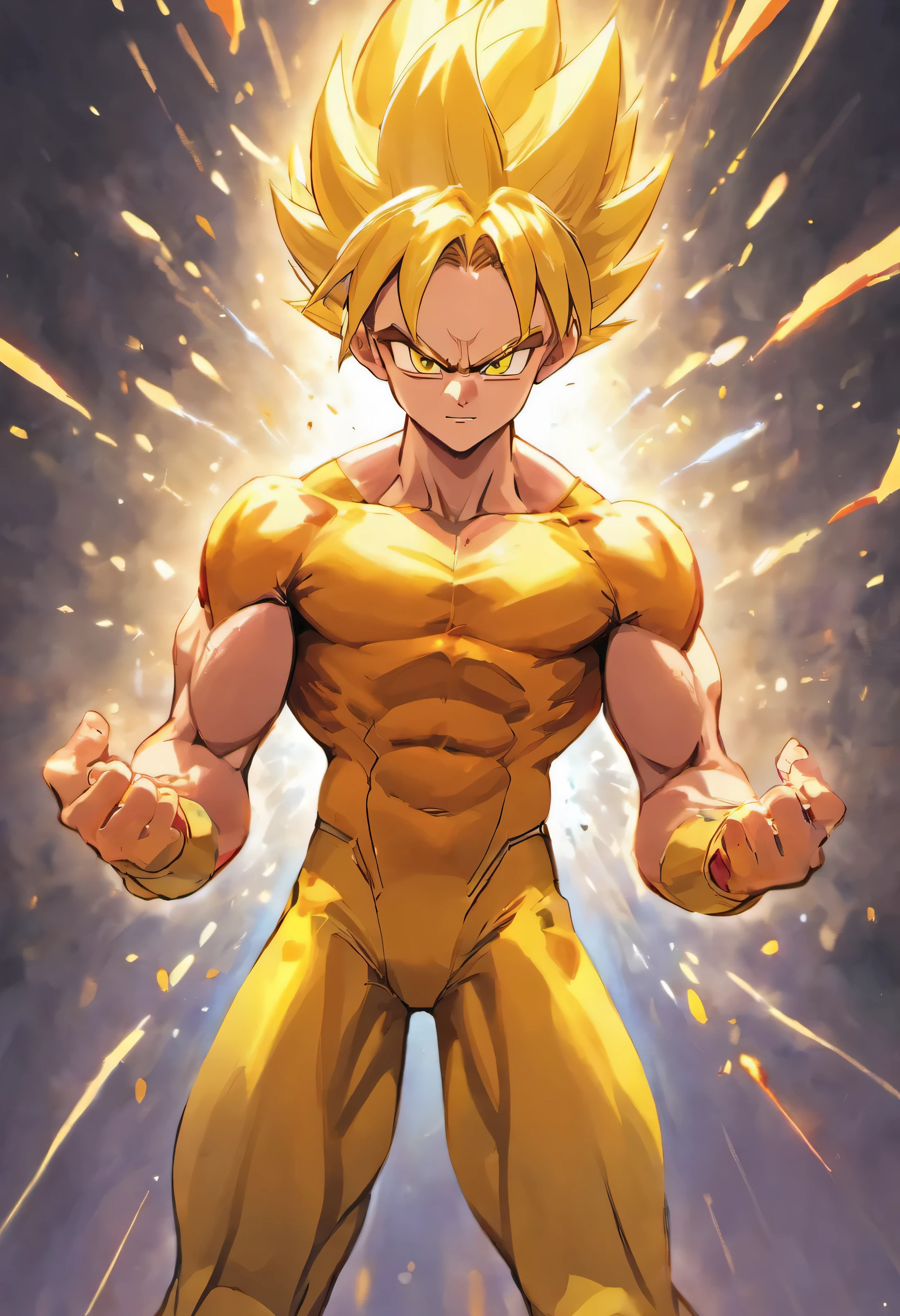 Vegeta ultra ego merge with wolverine ,power, muscular body, angry detailing face,yellow eyes, yellow,purple aura, roaring, , fighting pose