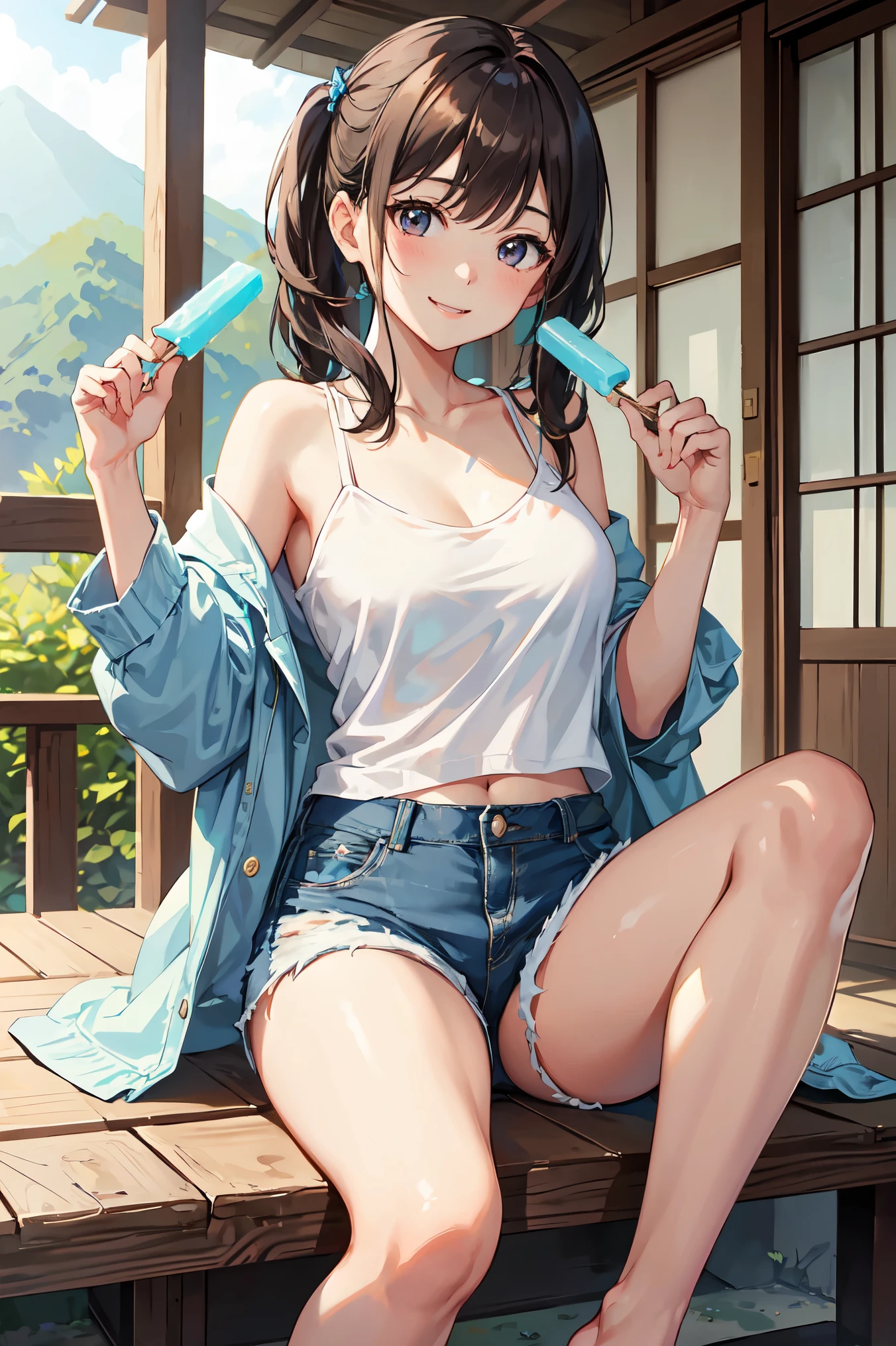 CG, Unity, 8k, wallpaper, highest quality, masterpiece, haruka amami, (smile: 1.2), Sit on the veranda, White Camisole BREAK Denim Shorts, barefoot, Thighs, Sweat, Best lighting, Complex pupil, Complex weaving, Detailed Background, Japanese countryside, She shows the viewer a popsicle in her hand.