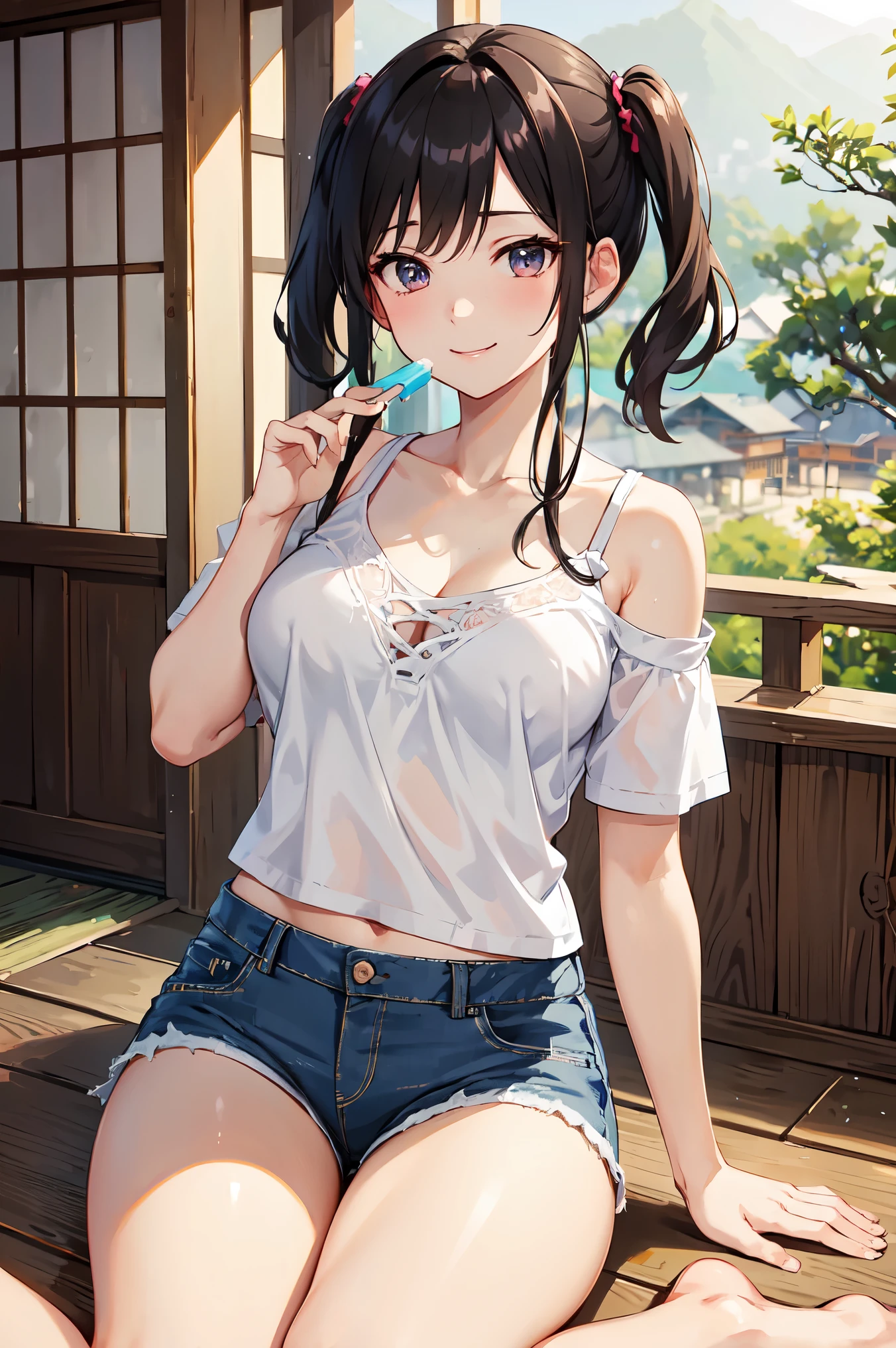 CG, Unity, 8k, wallpaper, highest quality, masterpiece, haruka amami, (smile: 1.2), Sit on the veranda, White Camisole BREAK Denim Shorts, barefoot, Thighs, Sweat, Best lighting, Complex pupil, Complex weaving, Detailed Background, Japanese countryside, She shows the viewer a popsicle in her hand.