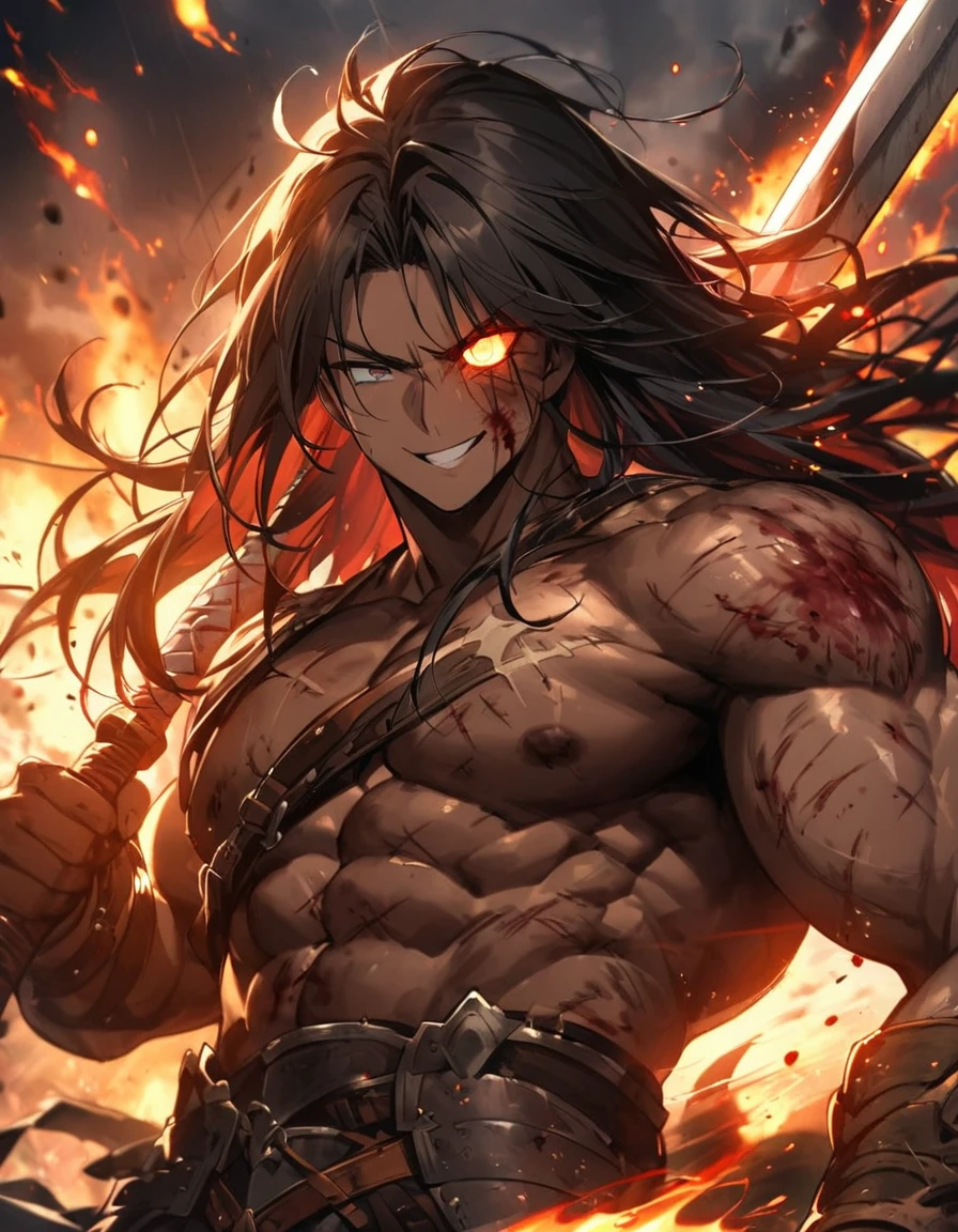 battlefield、1 male、strong arm、Lumpy body、muscular body、long hair、black hair、armor、white of eyes、Brave、big sword、Large sword、swing a sword、wind effect、All in one、cool、A bold smile、Flaming Sword、Burning Large Sword、Blood droplets、injury、Vomiting blood、Large scratches、One eye is destroyed、scar on one eye、One glowing eye、brown skin
