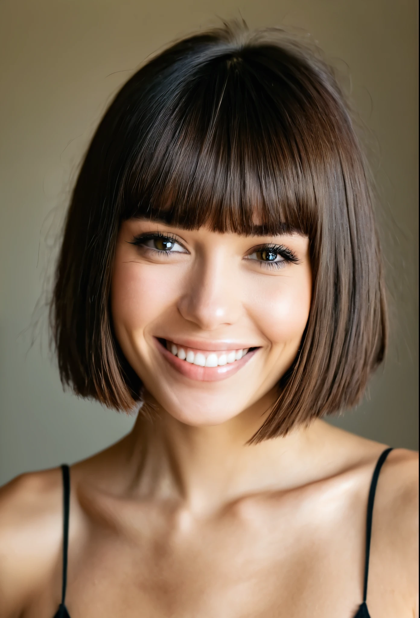belle femme, grand sourire, yeux verts, Full fringe, maquillage sombre, hyper-detailed photography, Soft light, head and shoulders portrait, couverture