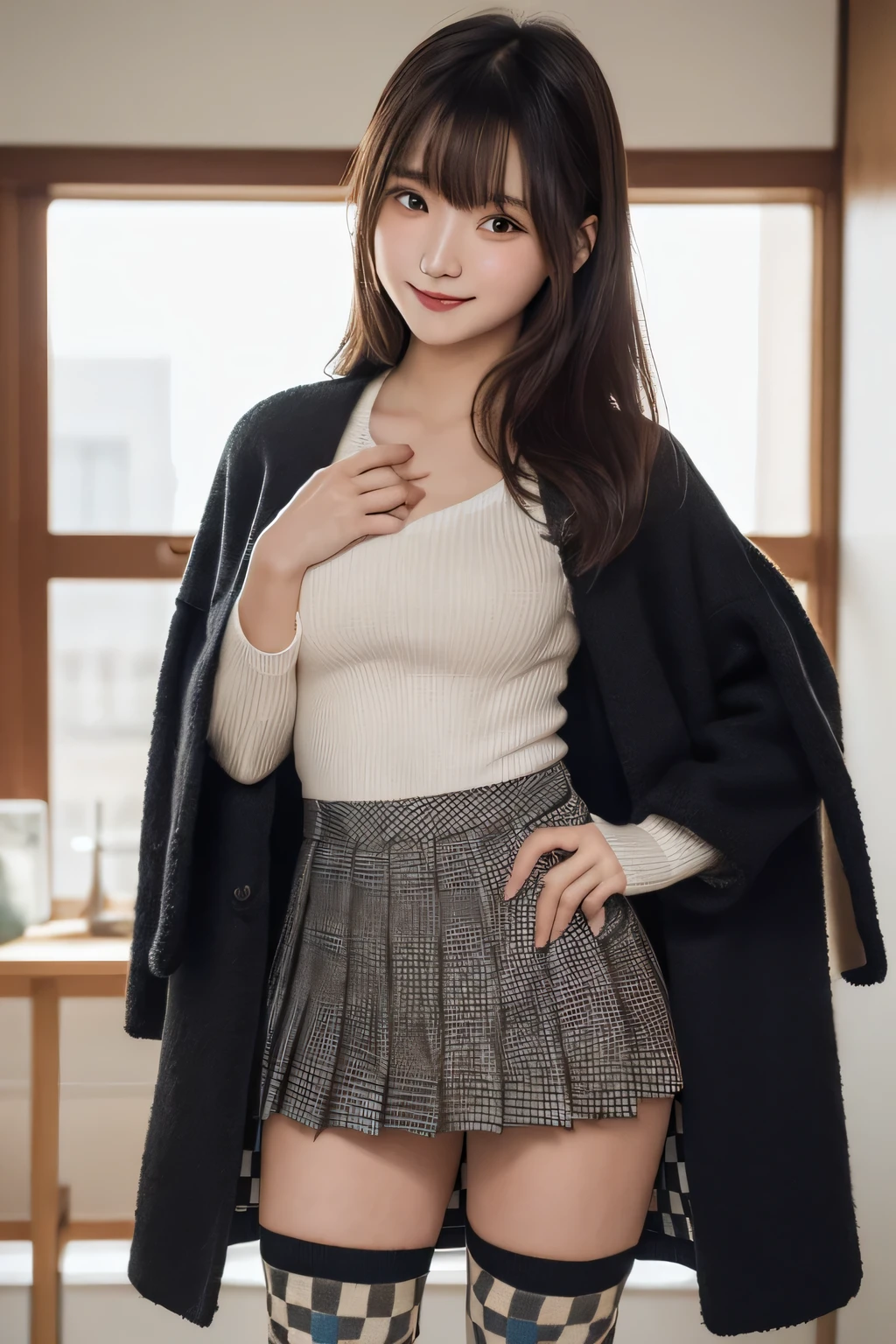 (masterpiece,highest quality,超A high resolution),Japanese women, (((Very cute 16 year old girl))), View the photographer, Front view, ((Long Hair)), Super cute face, Glossy lips, Double eyelids on both eyes, Focus your eyes, Natural Makeup, bangs, Shiny and smooth light brown long hair, (((Upper body close-up))), Large Breasts, Perfect limbs, Perfect Anatomy, ((Loose knit coat:1.4)), ((Black knee-high socks:1.3)), (((Checkered pleated mini skirt:1.3))), ((Smile)), Night room, (Show off your slim thighs:1.3), ((Include the whole face and focus on the chest:1.2)), View your viewers, (Strike a cute pose:1.2), Perfect and natural fingers,