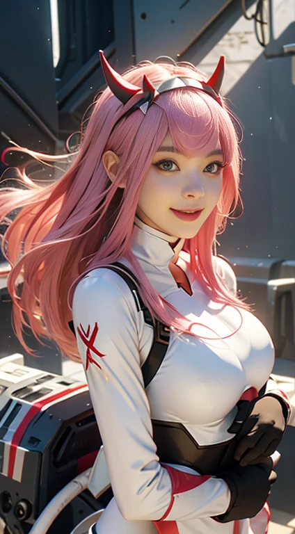 Zerotwo \(darling on franxx\), darling on franxx, 1girll, rim, self-shot, Smiling, Biting, black shadows, Green eyes, hair behind head, Horns, Long hair, Makeup, nedium breasts, pilotsuit with open breast, see the nipple on the suit, White bodysuit, Pink hair, Red eyeshadow, Science fiction, taut skin, Solo