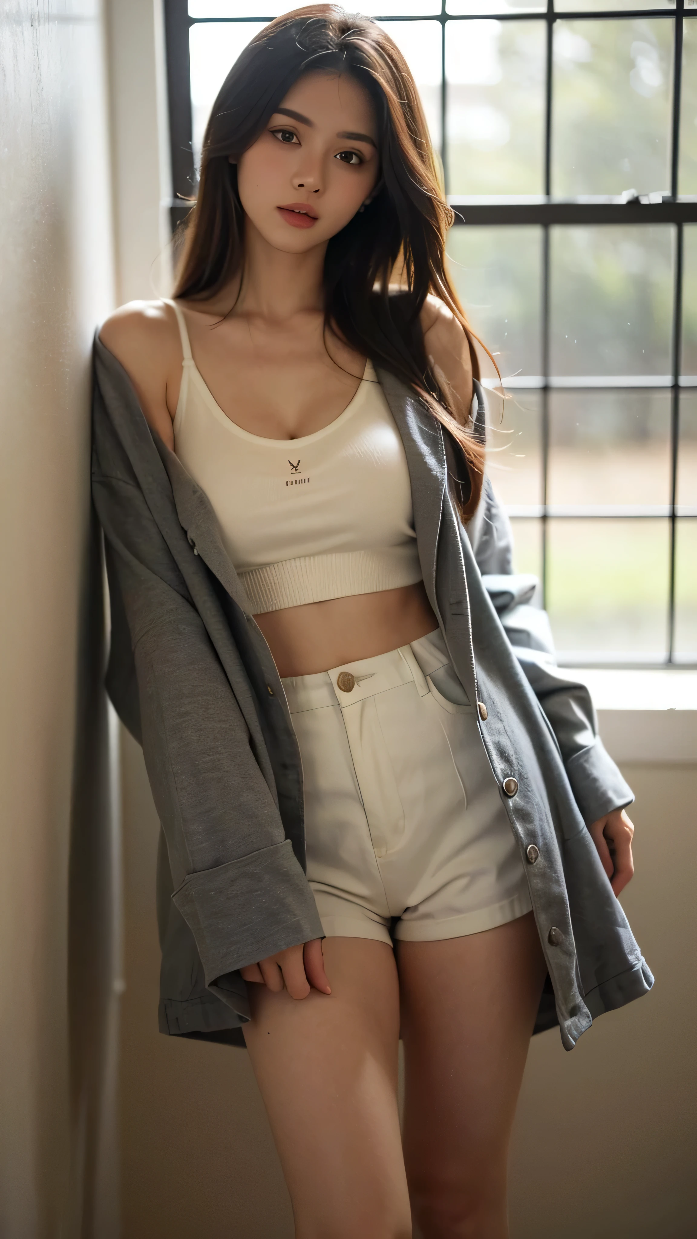 pretty girl, alone, Supermodel, Long Hair, compensate, Lips parted, big , Nipples, outside, pussy outside, Cleavage, Tank top, More jackets, Open clothes, (View your viewers), Stand against a wall, indoor, Thighs, Soft lighting, Film Grain, Upper Body, Epi C Photo, (highest quality:1.2), (masterpiece),((Very detailed)),
