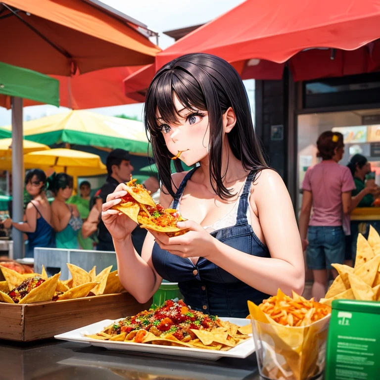 Mexican woman eating nachos at a Mexican food stall　