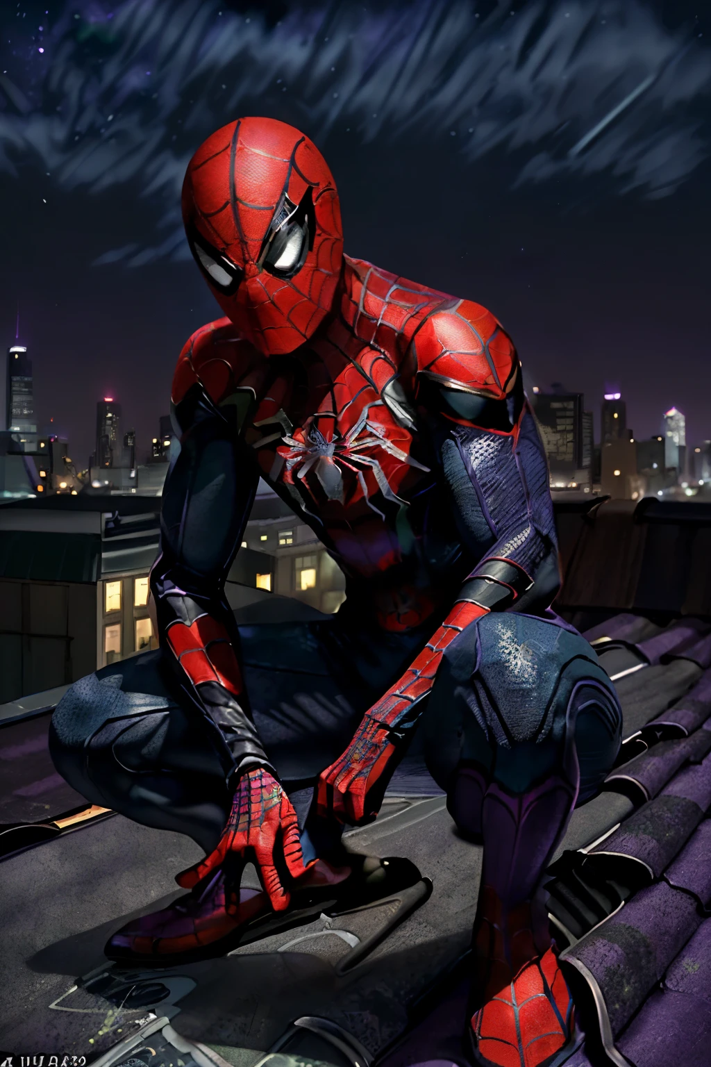 ((Spider-Man:1.2)), ((dark purple & green costume:1.3)), ((crouching on rooftop:1.4)), ((night:1.5)), ((royal purple & ruby red:1.35))
A picture of Spider-Man, portrayed with exceptional attention to detail. His dark purple and green costume is rendered in stunning realism, each texture and seam depicted with meticulous accuracy. The scene unfolds on a rooftop under the cover of night, the sense of depth and atmosphere heightened by the use of HDR and ray tracing. Spider-Man is captured in a dynamic pose, poised and focused as he surveys his surroundings