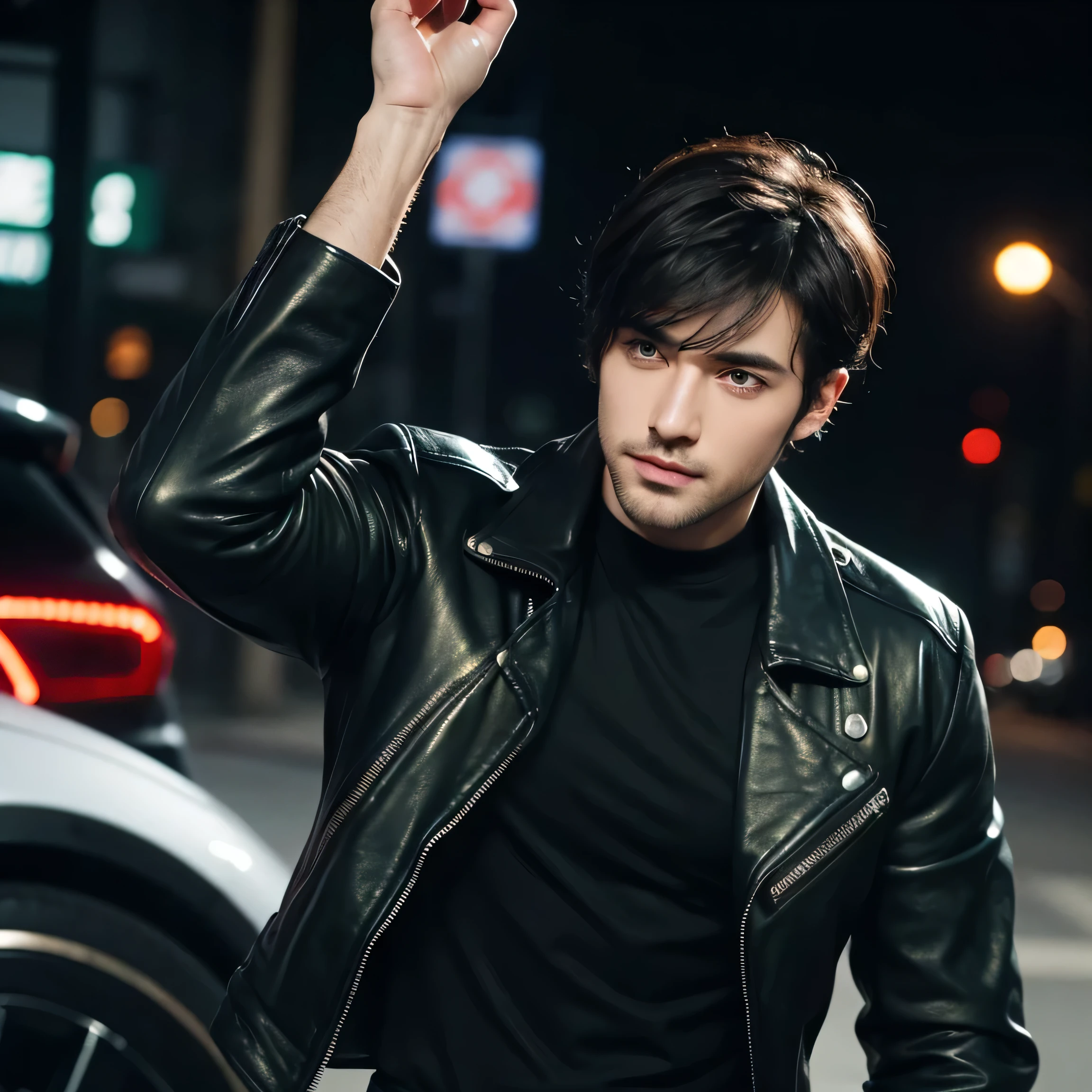 handsome hot man with dark short hair with bangs falling on his forehead with green eyes with neat stubble in a black leather jacket black shirt and black jeans at night in the winter street