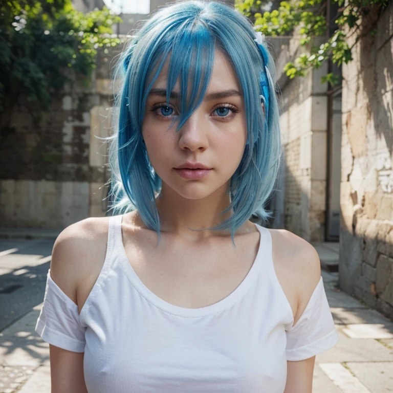 wearing cute tshirt in white and only white color, portrait, beautiful face, ((see blue hair)), beautiful eyes, open eyes, hyper realistic, realistic texture, natural lighting, unreal engine, trend in artstation, cinestill 800