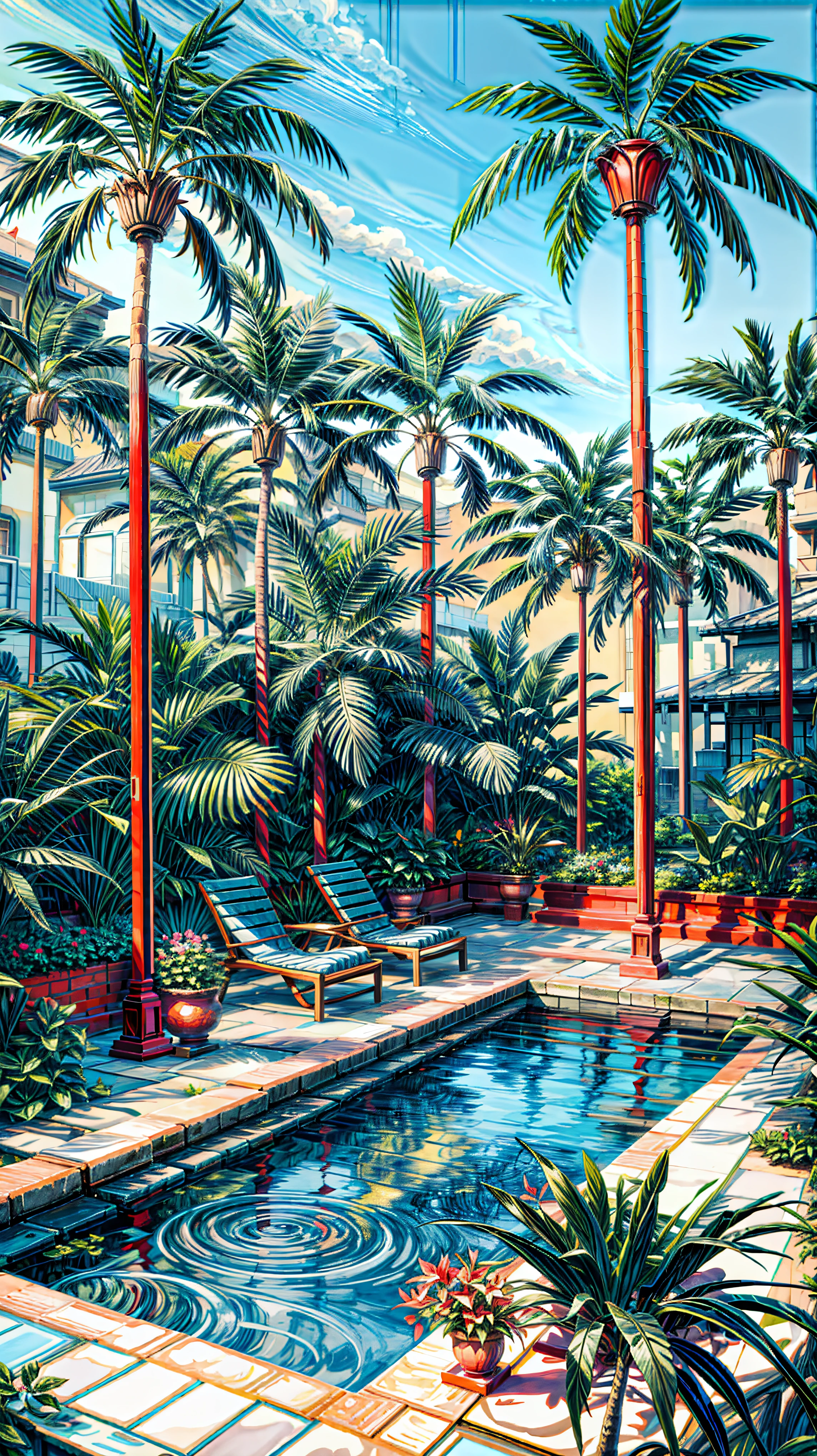 a painting of a swimming pool surrounded by palm trees, by Howard Arkley, by Hiroshi Nagai, by Edward Okuń, by John Wonnacott, by David Hockney, tropicalism, very detailed paradise, tropical setting, shusei nagaoka, hot and sunny highly-detailed, inspired by Howard Arkley, by Bob Thompson, tropical pool,  4k hd, beautiful art uhd 4 k, a beautiful artwork illustration, beautiful digital painting, highly detailed digital painting, beautiful digital artwork, detailed painting 4 k, very detailed digital painting, rich picturesque colors, gorgeous digital painting