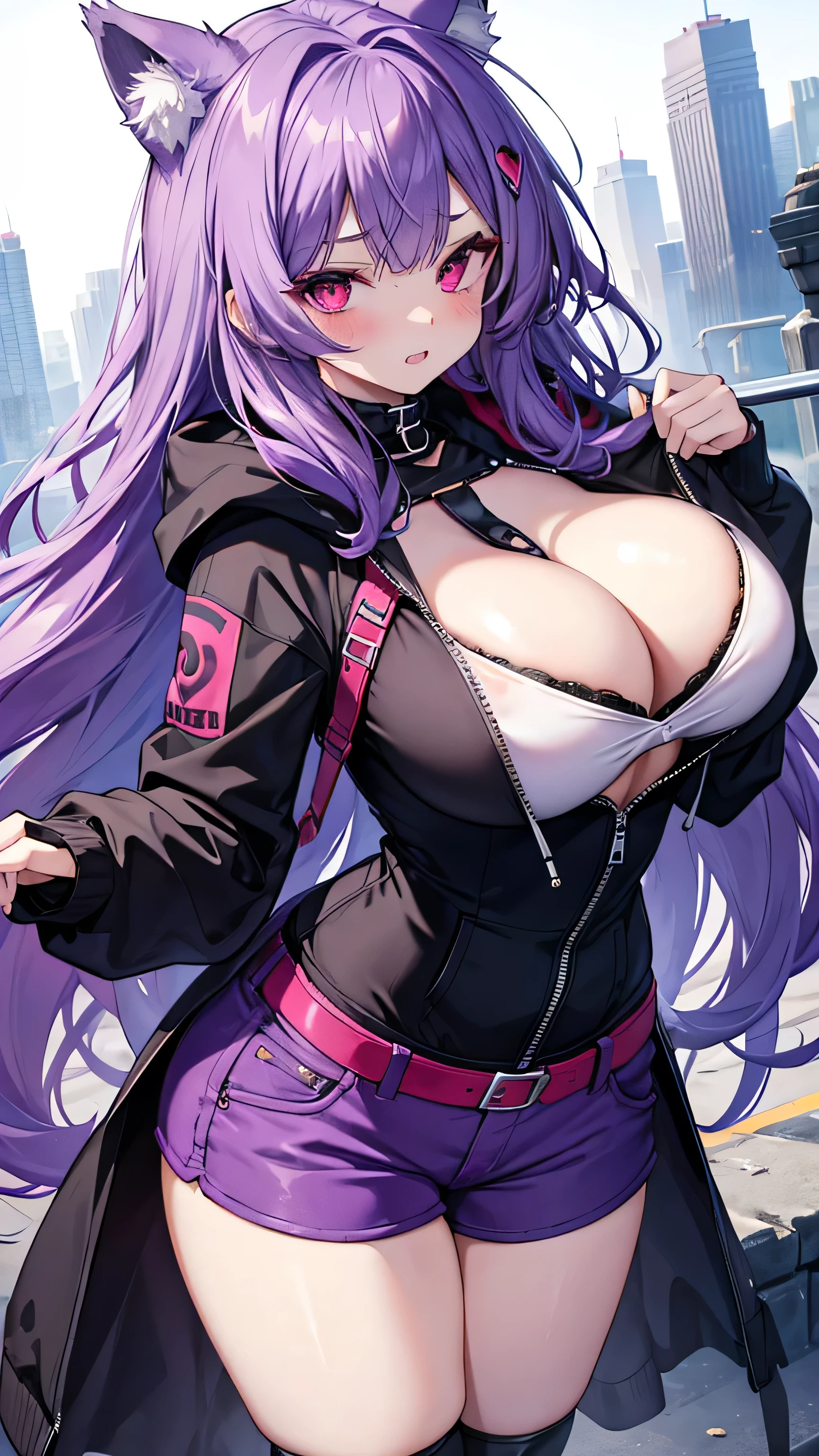 Wolf Woman, Big Breasts, Voluminous purple hair, masterpiece , Red eyes、Double teeth、tooth、Blushed cheeks、 hd, Head to Chest, buried in my chest、Underbust、Cleavage、hoodie、hot pants