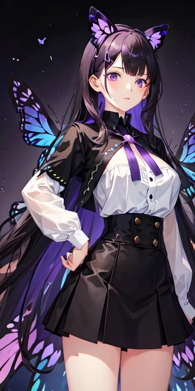 1girl, no chest, long black hair, butterfly hairpin, short skirt, purple eyes, shy