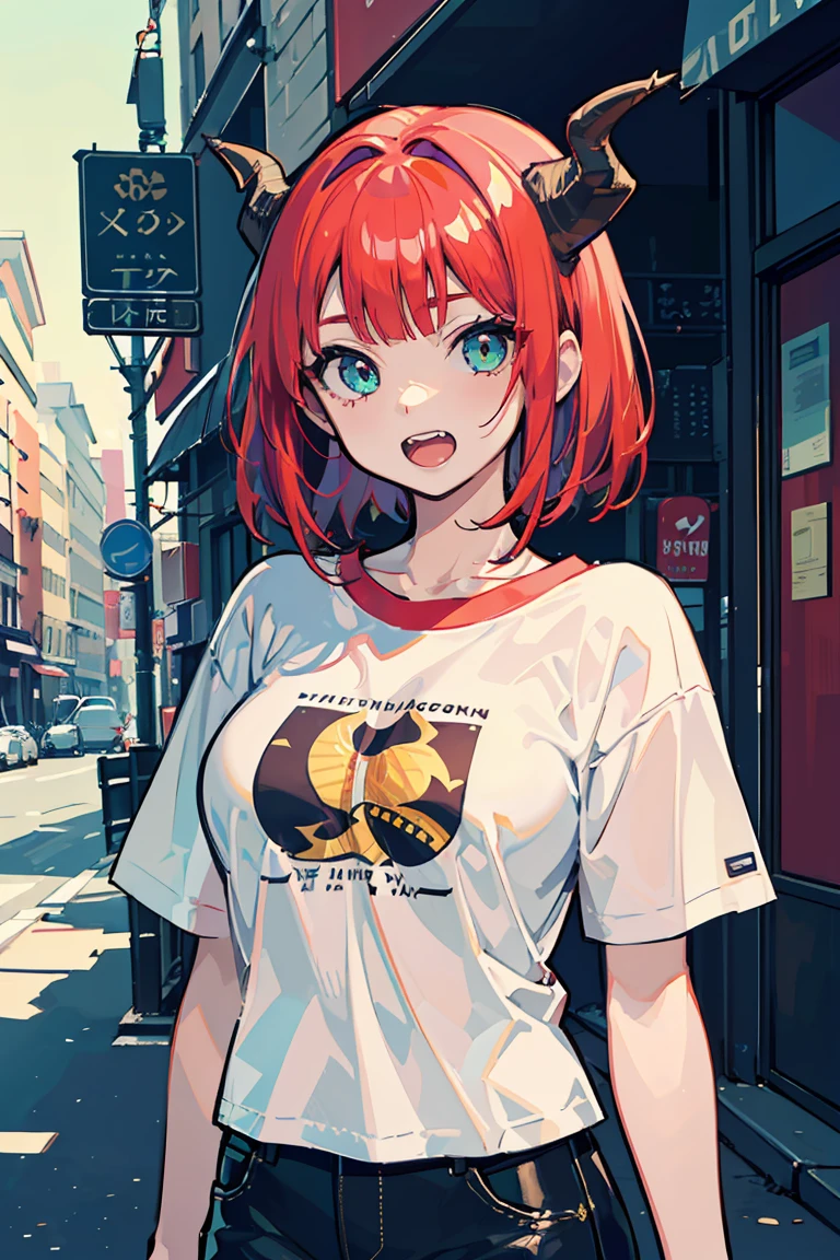 (1 girl), (Dragon Girl), ((Oriental dragon horns growing from the head)), Asymmetrical Hairstyles, (super high quality), masterpiece, Cowboy Shot, (((Cat Eyes))), Deep red hair, Mid Cut, Tie up the ends of your hair, Casual Scene, Tense atmosphere, She is wearing fashionable clothes, sun, Gives off warm tones, Street atmosphere, Perfect body, (E Cup:1.2), Wide open mouth, Jagged teeth, Fresh, (Long Bangs:1.3)Highly detailed face and eyes, Band T-shirts, Digital Art, beautiful, Cinema Lighting, By Yusuke Murata.tonality, Romanticism, modern art, Impressionism, reflected light, 8k, masterpiece, Advanced Details, highest quality, Accurate anatomy
