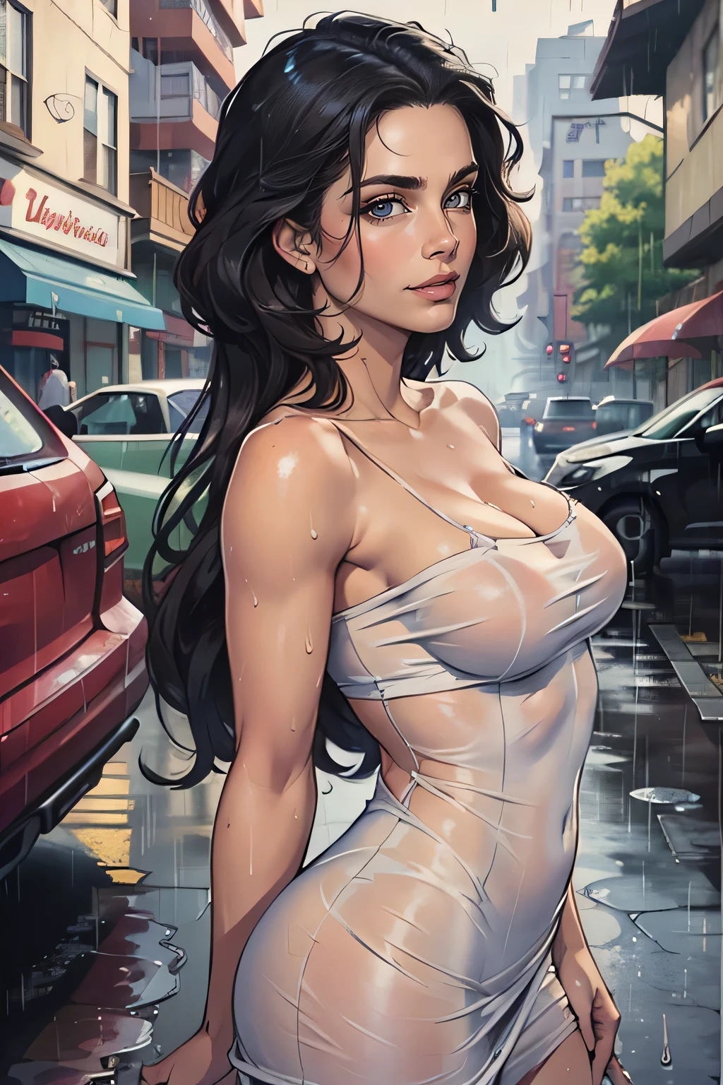 ((Best Quality, 8k, Masterpiece:1.3)), Focus:1.2, Perfect Body Beauty:1.4, Buttocks:1.2, ((Layered Haircut, Breasts:1.2)), (Wet Clothes:1.1) , (Rain, Street:1.3), Bandeau Dress: 1.1, Highly Detailed Face and Skin Texture, Fine Eyes, Double Eyelids, Whitened Skin, Long Hair, (Shut Up: 1.3)