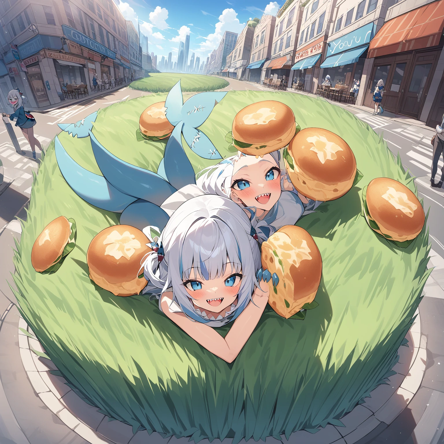 masterpiece, highest quality, evaluation: general,   Giant Grass, Giant Grass, teeth, alone, Shark Tail, sharp teeth, Shark Girl, Food, View your viewers, Foodie, smile, blush, Open your mouth, hair ornaments, Blue Claws, City Street, Day