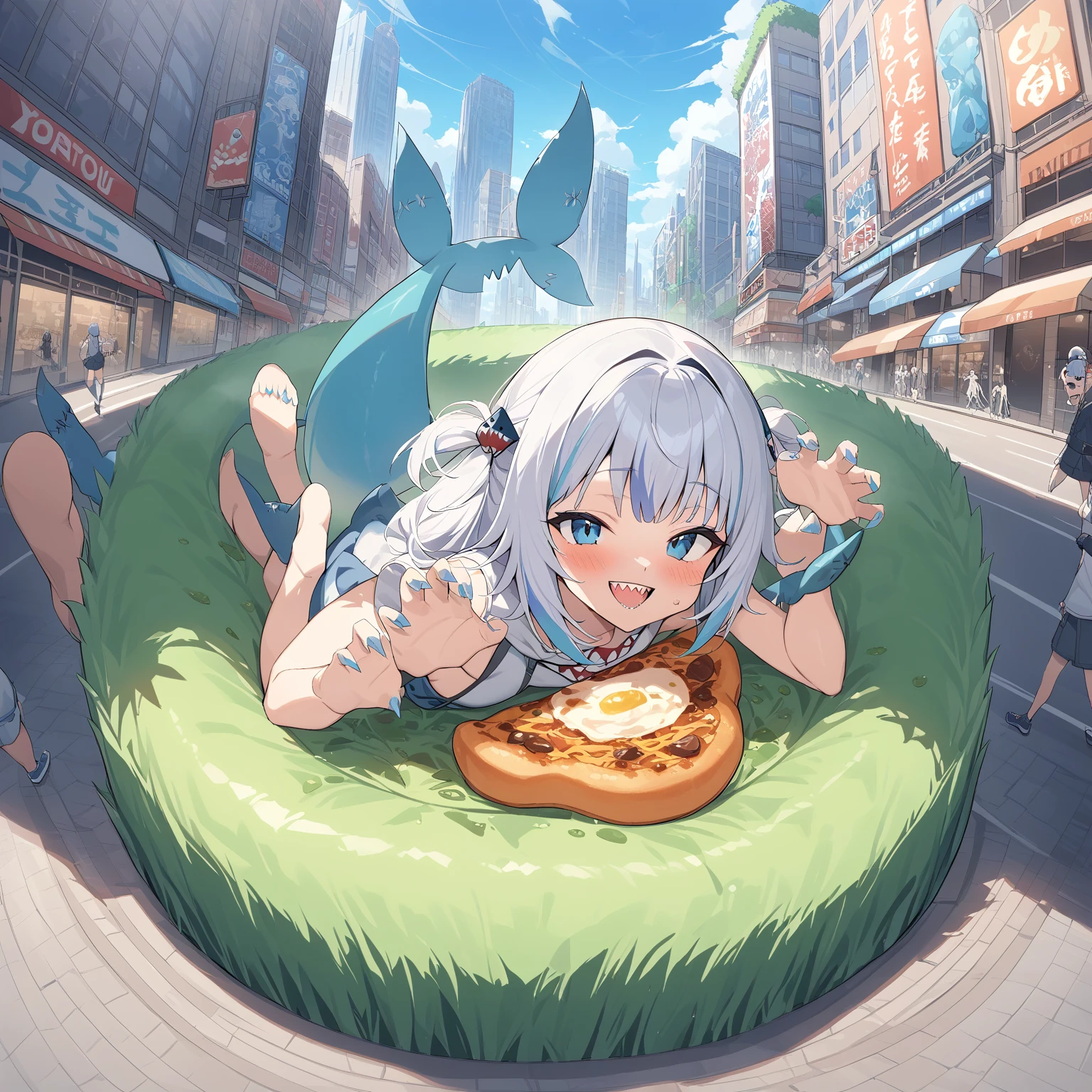 masterpiece, highest quality, evaluation: general,   Giant Grass, Giant Grass, teeth, alone, Shark Tail, sharp teeth, Shark Girl, Food, View your viewers, Foodie, smile, blush, Open your mouth, hair ornaments, Blue Claws, City Street, Day