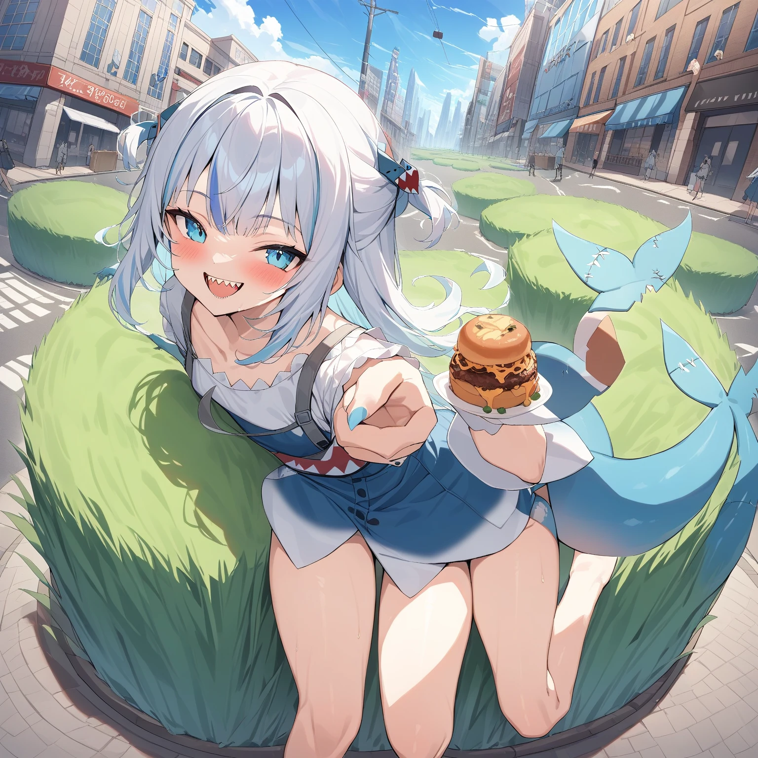 masterpiece, highest quality, evaluation: general,   Giant Grass, Giant Grass, teeth, alone, Shark Tail, sharp teeth, Shark Girl, Food, View your viewers, Foodie, smile, blush, Open your mouth, hair ornaments, Blue Claws, City Street, Day