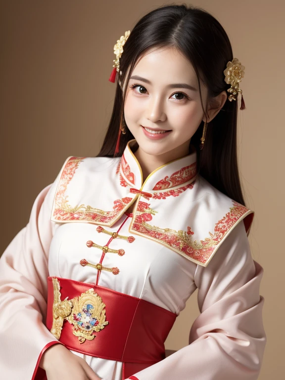 (High resolution photos, bust, 1 girl, 28 years old, woman, Facial details, Baby fat, Waist Accessories, Hand in hand, smile, Teeth are not very visible, White skin, Upper Body, Chinese traditional clothing, Model pose, Studio Lighting)