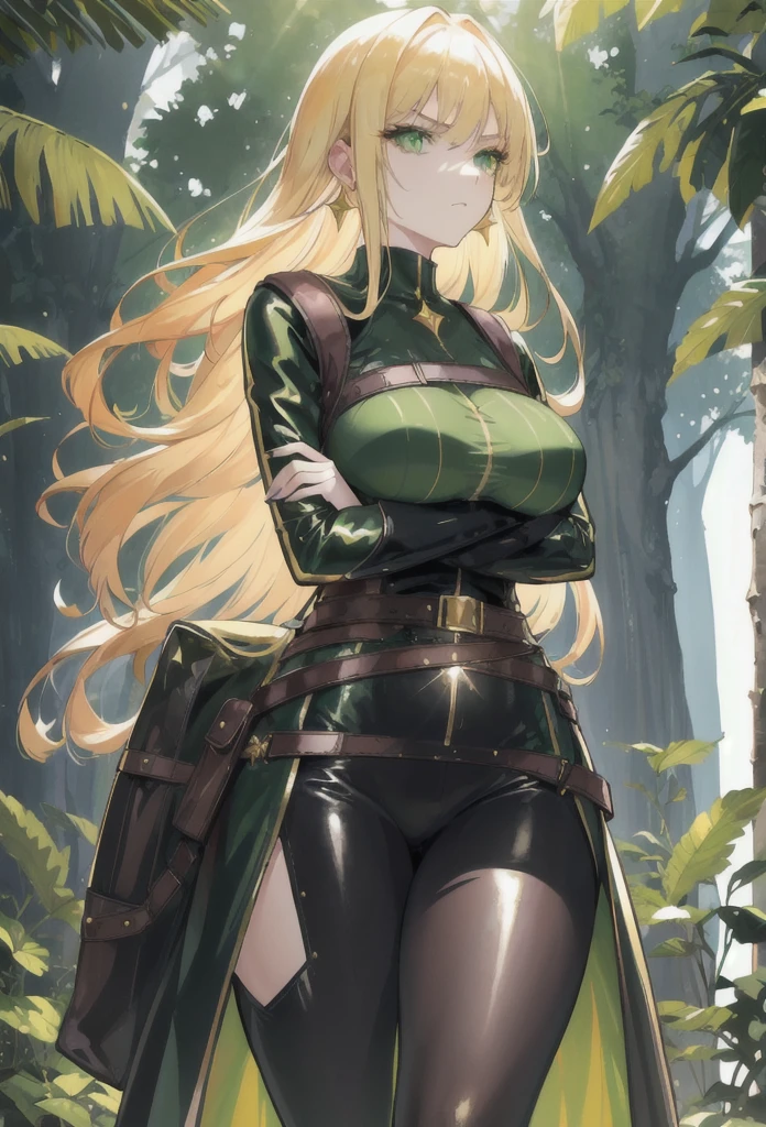 A tall adult woman, with golden shiny hair, large green eyes, dressed in tight leather clothes that cover her entire body, belts around her waist, belts around her arms, and legs, wearing long earrings and minimal makeup, is under a tree, with light passing through the leaves and casting shadows on the character. She has a confident and haughty gaze. She's holding a cristal Ball, and Sporting a large camping backpack .
