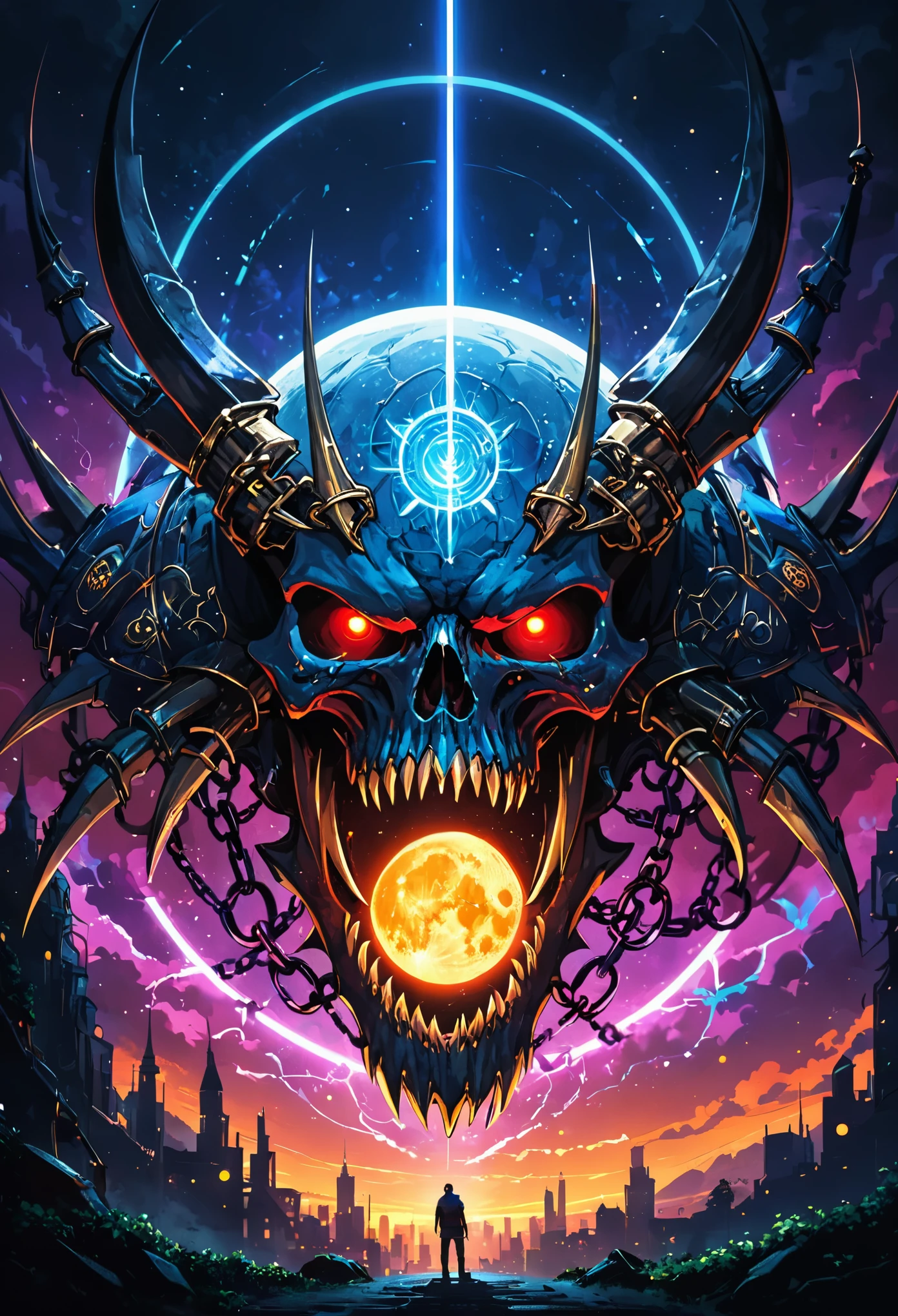 a red skull, dragon portrait, By Rostlan, Benedict Barna, Morel, (((gold jewelry))), (The pupil is composed of a moon-shaped image.:1.8), Miracle, Dark atmosphere, Black Forest, ((Neon glowing)), ((Blue Arc)), Characteristics of dragons, Dragon skull, Jewelry accessories, Diffraction spike, Bright colors、Bokeh、portrait、landscape、Fear、cartoon、Science fiction, photography, Concept Artist, Steel claws, Steel Fang, word graffiti, Electron Link, Metal chains, diffraction spikes