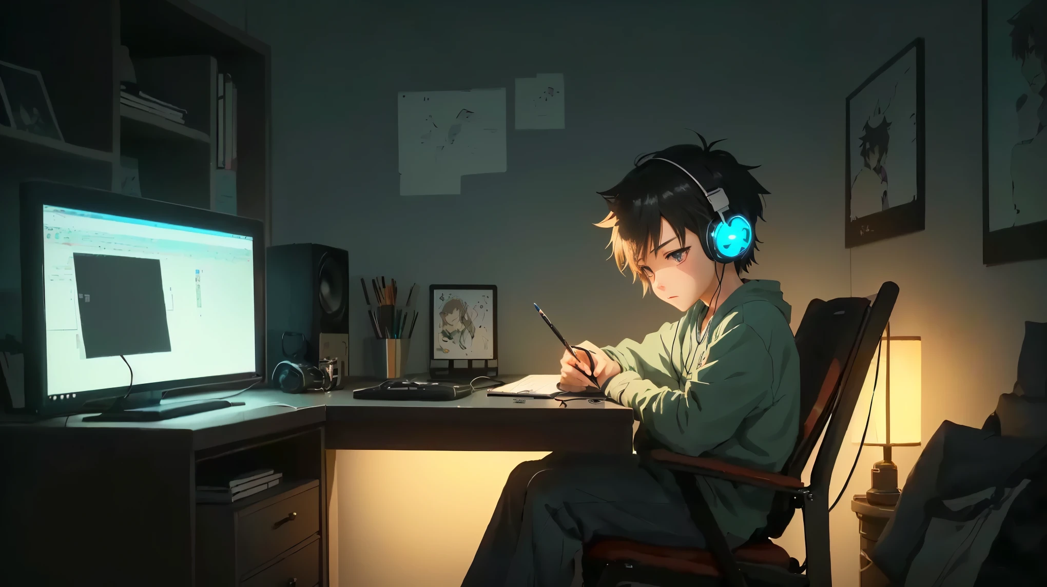Cartoon boy wearing headphones sitting at the table writing, Digital anime illustration, modern anime style, trying to study, Lofi art style, Anime cute art style, Anime art style, high quality Anime art style, 2 d anime style, anime style. 8k, anime style 4 k, Young anime man, in an anime style, anime style illustration