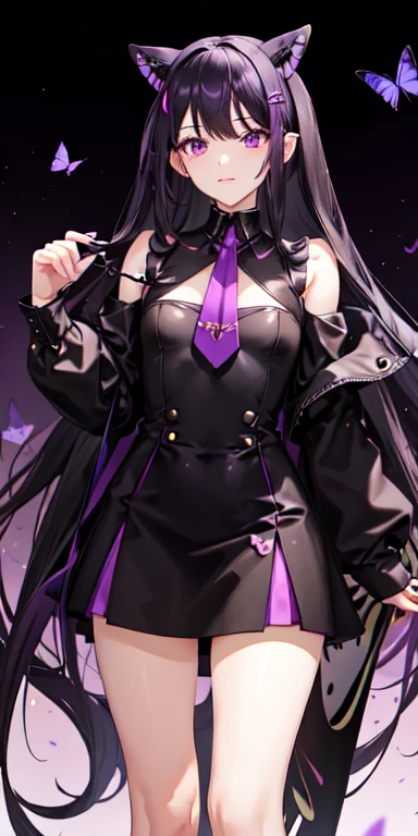 Femboy, long black hair, short skirt, purple eyes, butterfly hairpin
