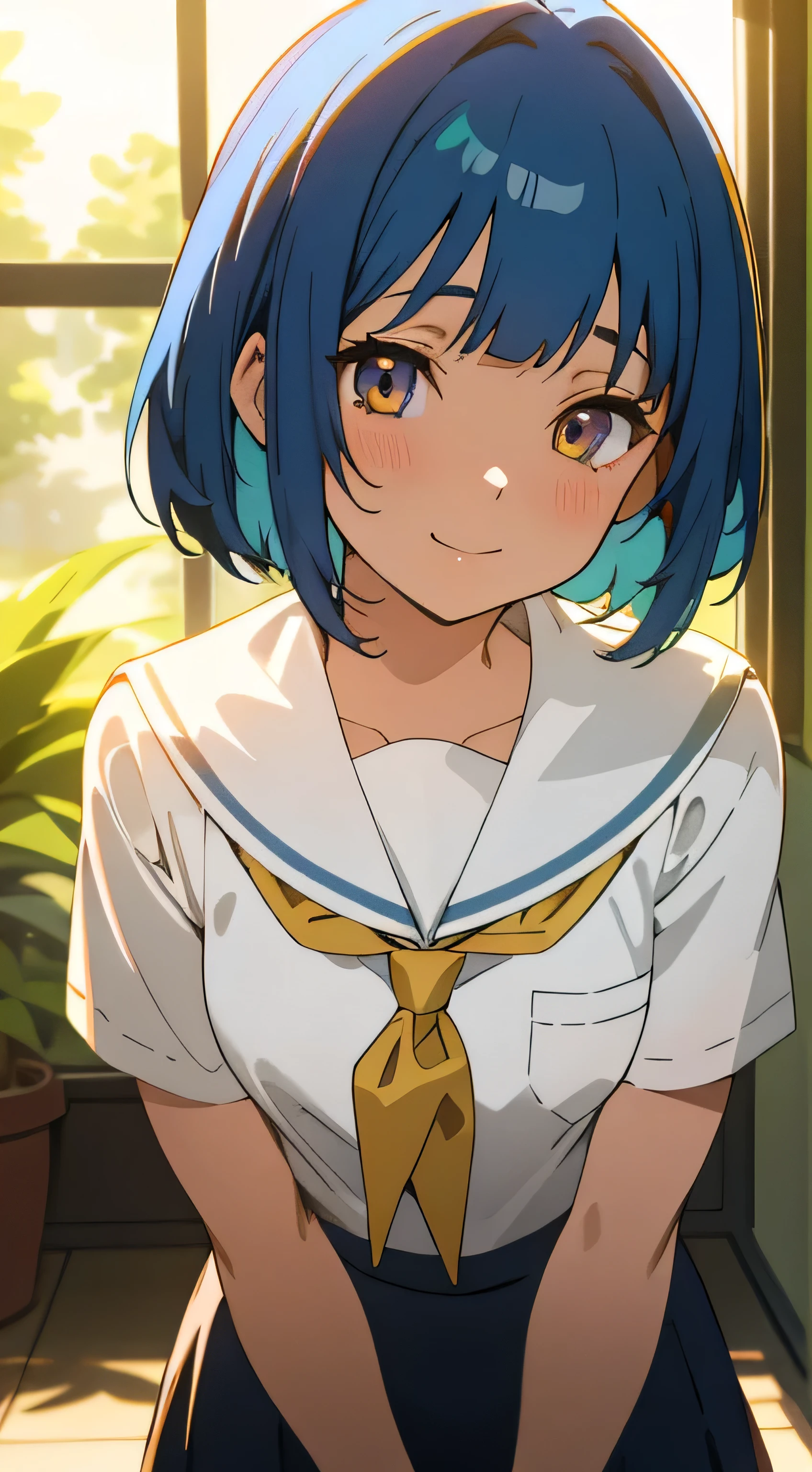 1 girl, short sky blue hair, have bangs, golden yellow eyes, gentle smile, pink cheeks, cute, white skin, looking at viewer, small breast, white shirt, navy skirt, shadow lighting, indoors, school, garden, (masterpiece, best quality, beautiful detailed eyes, detailed face)