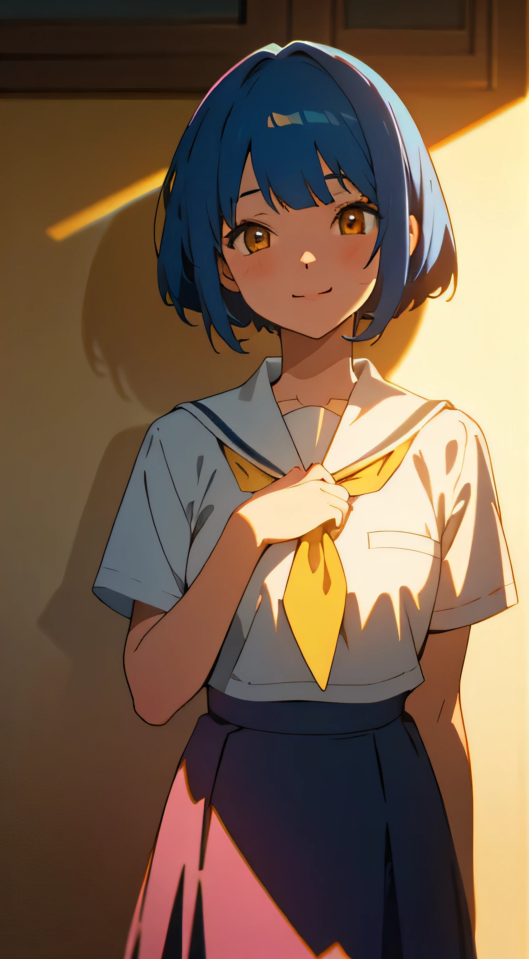 1 girl, short sky blue hair, have bangs, golden yellow eyes, gentle smile, pink cheeks, cute, white skin, looking at viewer, small breast, white shirt, navy skirt, shadow lighting, indoors, school, garden, (masterpiece, best quality, beautiful detailed eyes, detailed face)