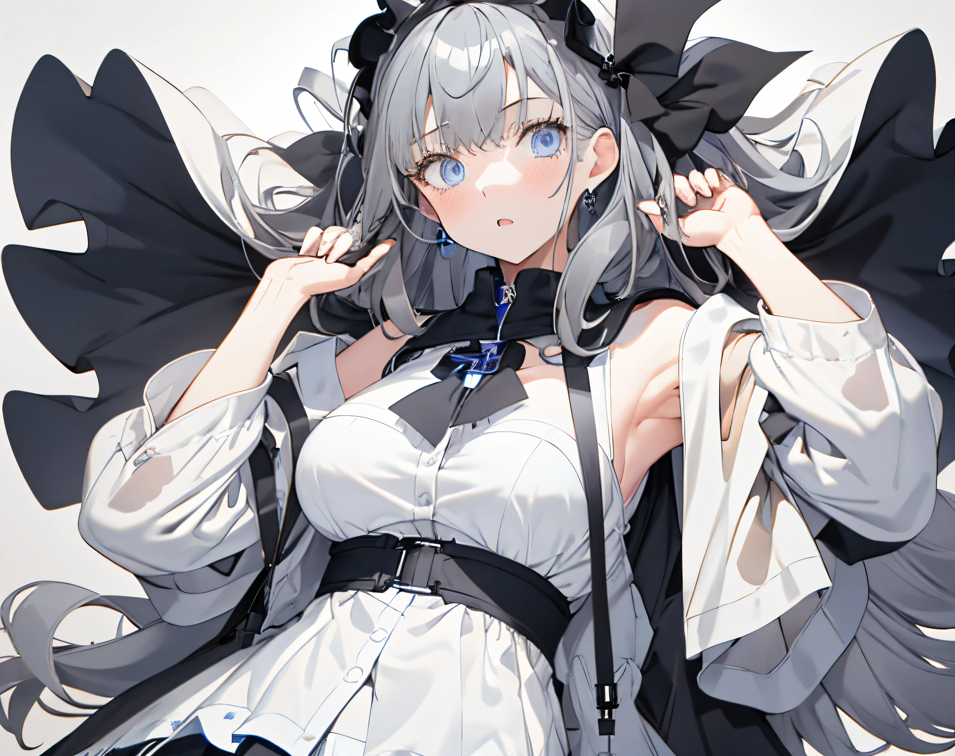 【Highest Quality, masutepiece】 [girl, Manteau, expressioness, blue eyess, Black hair, Happy, Upper body] (Gray white background:1.7), Surprised, Sheer,large full breasts