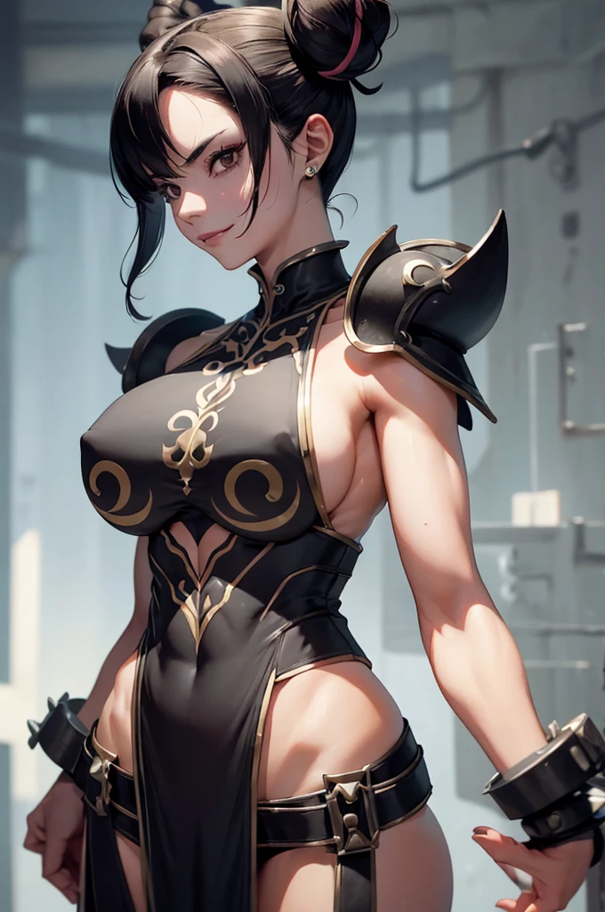 fitness,mulher jovem,short black hair , badass , full ancient armor,coxas torneadas,Evil Smile,juri han,chifres de cabelo,detalhes do corpo,fitness