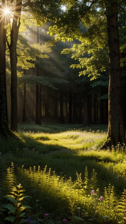 Forest Canopy: Create a scene within an ancient forest where sunlight filters through the dense canopy, illuminating a carpet of wildflowers. Capture the interplay of light and shadow. Masterpiece, best quality, high quality, textured landscape, award-winning stock photography, bokeh, depth of field, HDR, bloom, chromatic aberration, ((photorealistic)), highly detailed, rich colors, dramatic lighting.


