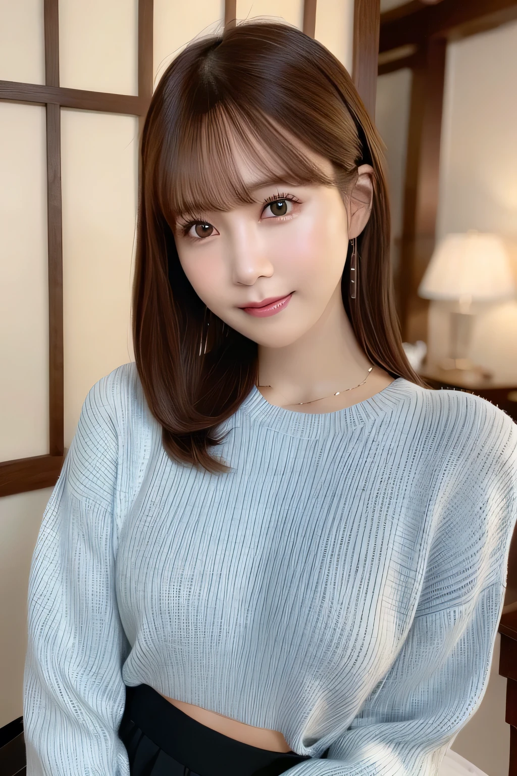 (RAW Photos: 1.2), (Realistic: 1.4), (highest quality: 1.4), Ultra-high resolution, (Fine grain), (Detailed facial features), (Detailed clothing features), Hmph, 8k resolution, Focus Only, bangs, Skin Tightening, (Slender girl), dream-like, Japanese, (Ultra-fine Illustration), landscape, No text, Medium chest, Straight hair, short hair, Black Hair, Dark Eyes, One Girl, whole body, mini skirt, Background is a park at night, Angel T, Light blue tight sweater, cute, sexy, (smile)