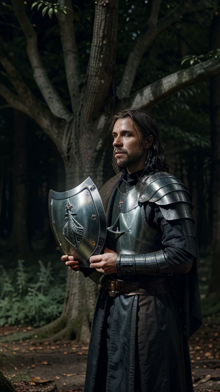 Forest at night, moonlight, Male medieval knight (ring mail), poor, ragged clothing, wet clothes ((shield)) ((shield tree emblem))