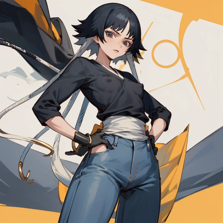 ((highest quality)), ((masterpiece)), (Familiar),  bleach,Diversity of backgrounds, 1 girl, alone,  Erect nipples, Black Hair,Slanted Eyes, Black clothes,Black Shirt,jeans, thin,thin,short hair with long locks, short hair, Small breasts, gloves, Hands on hips