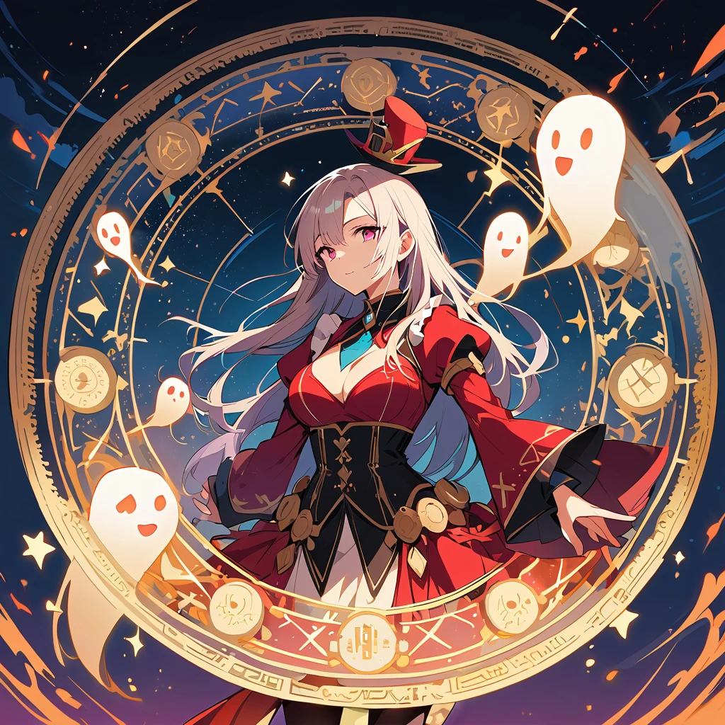 Beautiful female magician with transparent ghost face floating on the magic circle of the twelve constellations
