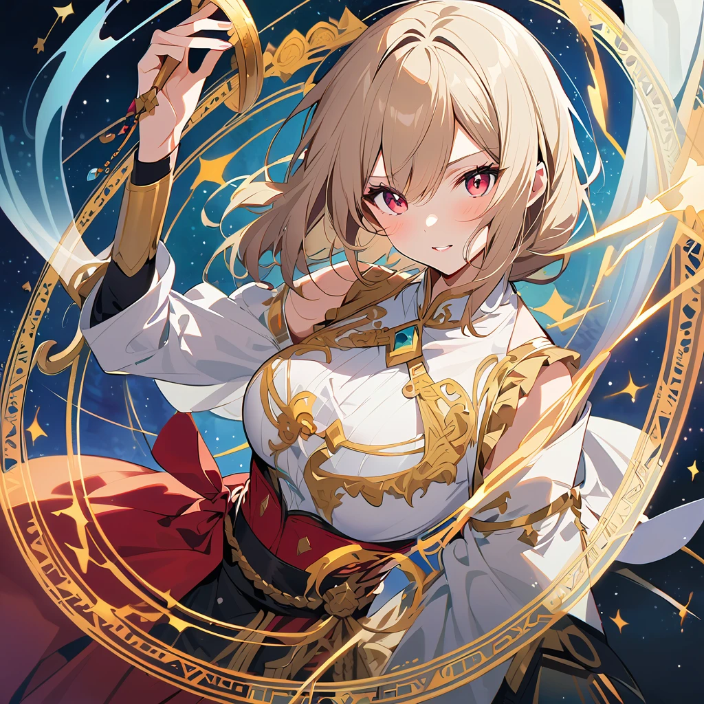 Beautiful female magician with transparent ghost face floating on the magic circle of the twelve constellations
