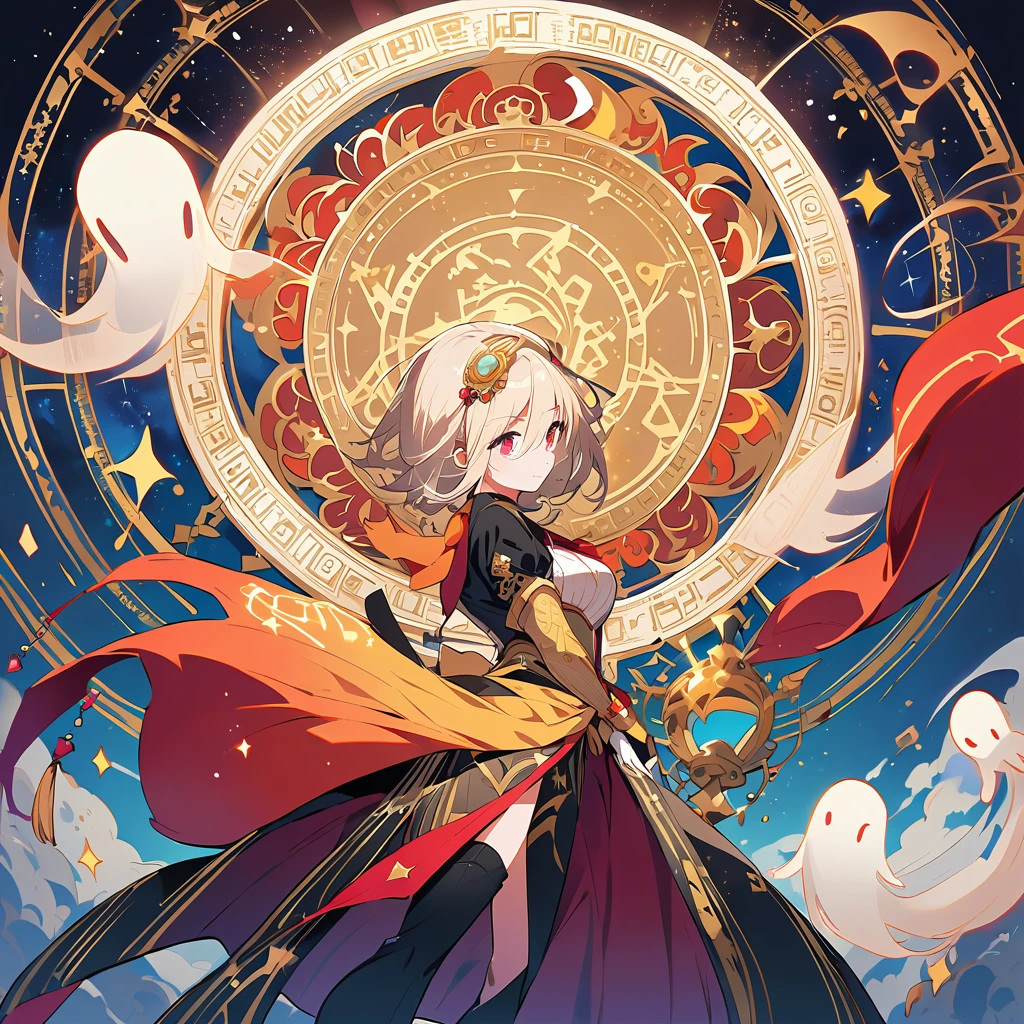 Beautiful female magician with transparent ghost face floating on the magic circle of the twelve constellations