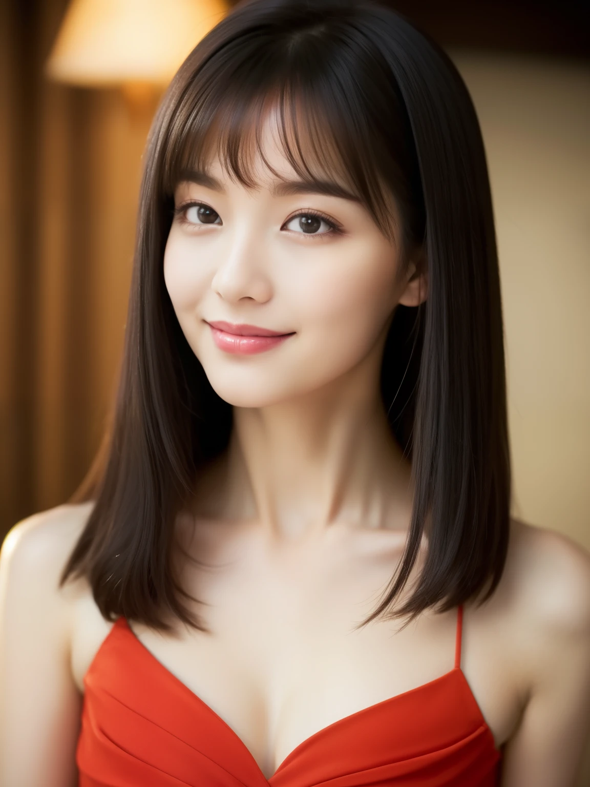 ((best quality, 8K, masterpiece: 1.3)), beautiful woman, pure, melon face, kind and cute, sweet smile, pure desire, slender body, ((Random body direction)), (tilted head), ((looking at camera)), pure desire, wearing a random colorful transparent short dress, black silky long hair, long flowing shoulders, round black big eyes, clear big eyes, moist red lips, sweet, sitting in a nostalgic lounge, Decorated with brightly cafe background, 28 years old, ((chest to head shot)),