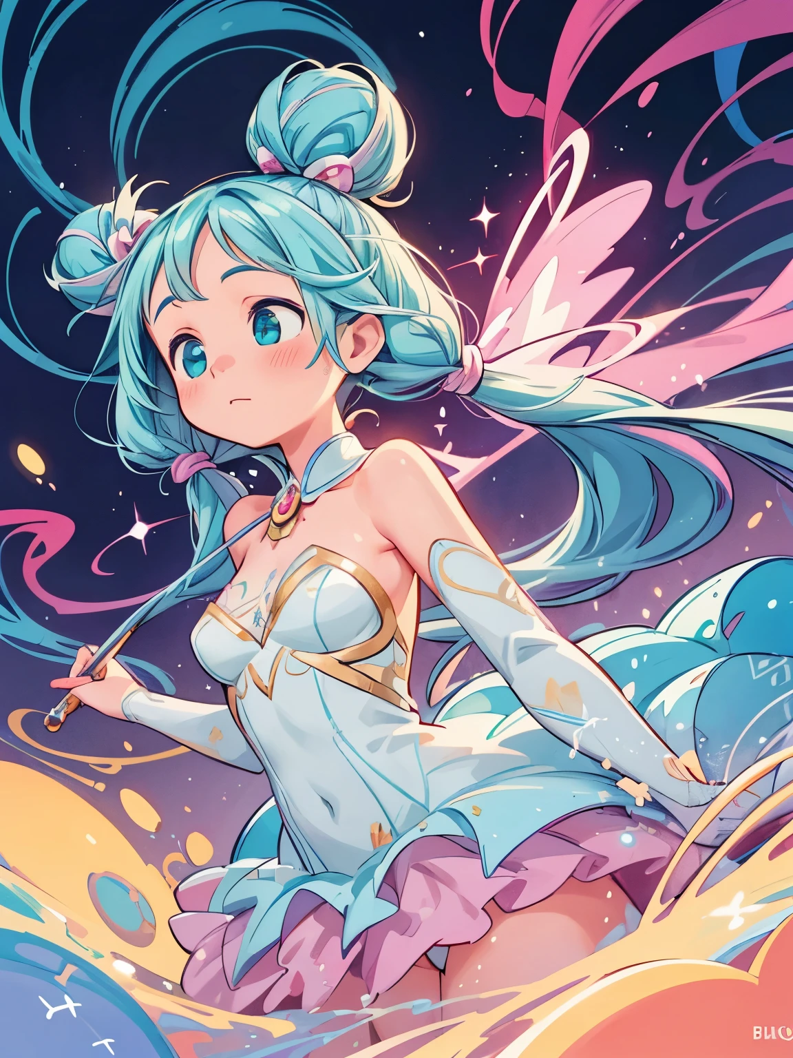 (masterpiece、highest quality、highest quality、Official Art、Beautiful and beautiful:1.2)、(One girl:1.3)Hatsune Miku、Twin tails,Big Breasts,beautiful girl, White ball gown, Vibrant pastel colors, (colorful), long flowing liquid pink hair, Magic lights, sparkling Magic liquid, inspired Glen Keane, inspired By Lois Van Baarle, Disney Art Style, By Lois Van Baarle, An aura that glows around her, Glen Keane, Just a joke, Glowing Light! Digital Painting, Flowing, shiny hair, Shiny, flowing hair, Beautiful digital illustrations, Fantasia Background, Whimsical, Magic, Fantasy, ((masterpiece, highest quality)), Intricate details, Very detailed, Sharp focus, 8k resolution, Sparkling Eyes, Liquid watercolor
