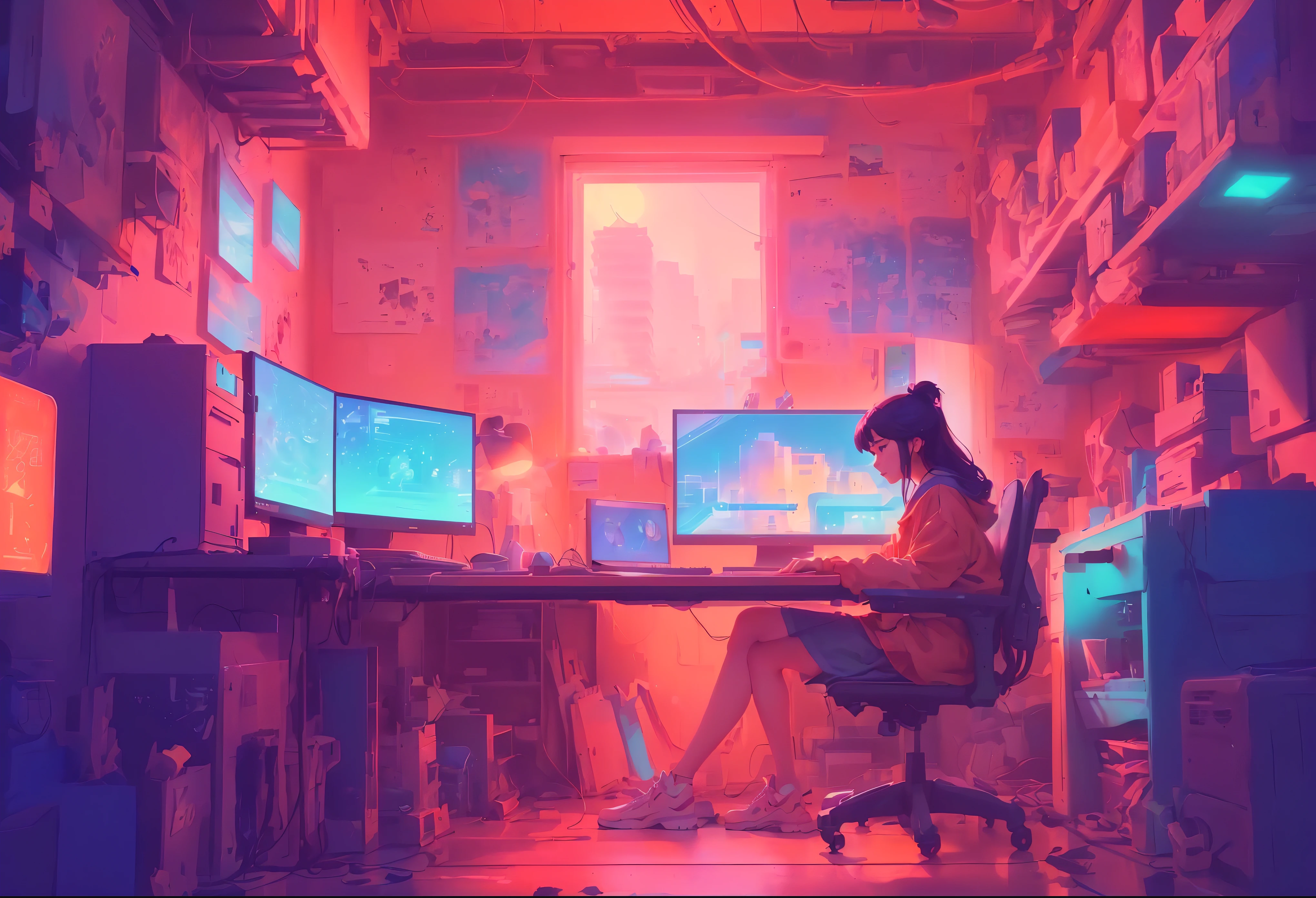 Japanese cartoons, girl, computer, Room, table, , Room, , Room, Room, Room, Room, Room, Room, Room, Room,, Artie Guerin 8K, inspired By Artie Guerin, With Artest Guerin (atey ghailan) style, By Artie Guerin, Digital Art Widescreen 8K, inspired by Liam Wong